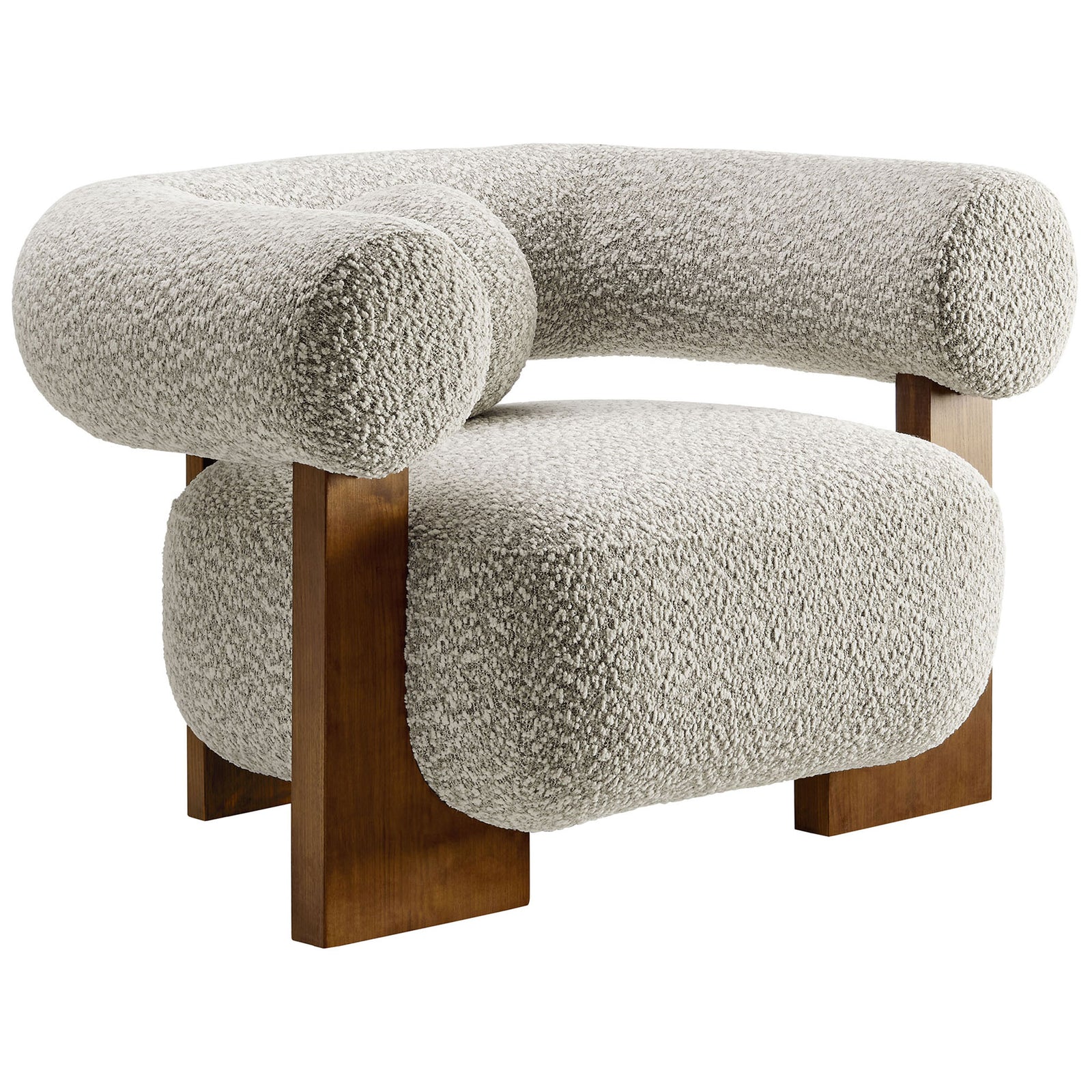 Sculptural boucle chair showcases rounded cushions and open-frame ash wood legs in a chic River Rock hue. || EEI-6996-RIV || front_angle_studio