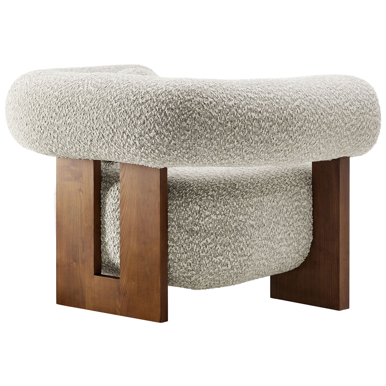 Wraparound back and rectangular leg cutouts underscore modern craftsmanship in nubby boucle. || EEI-6996-RIV || back_angle_studio