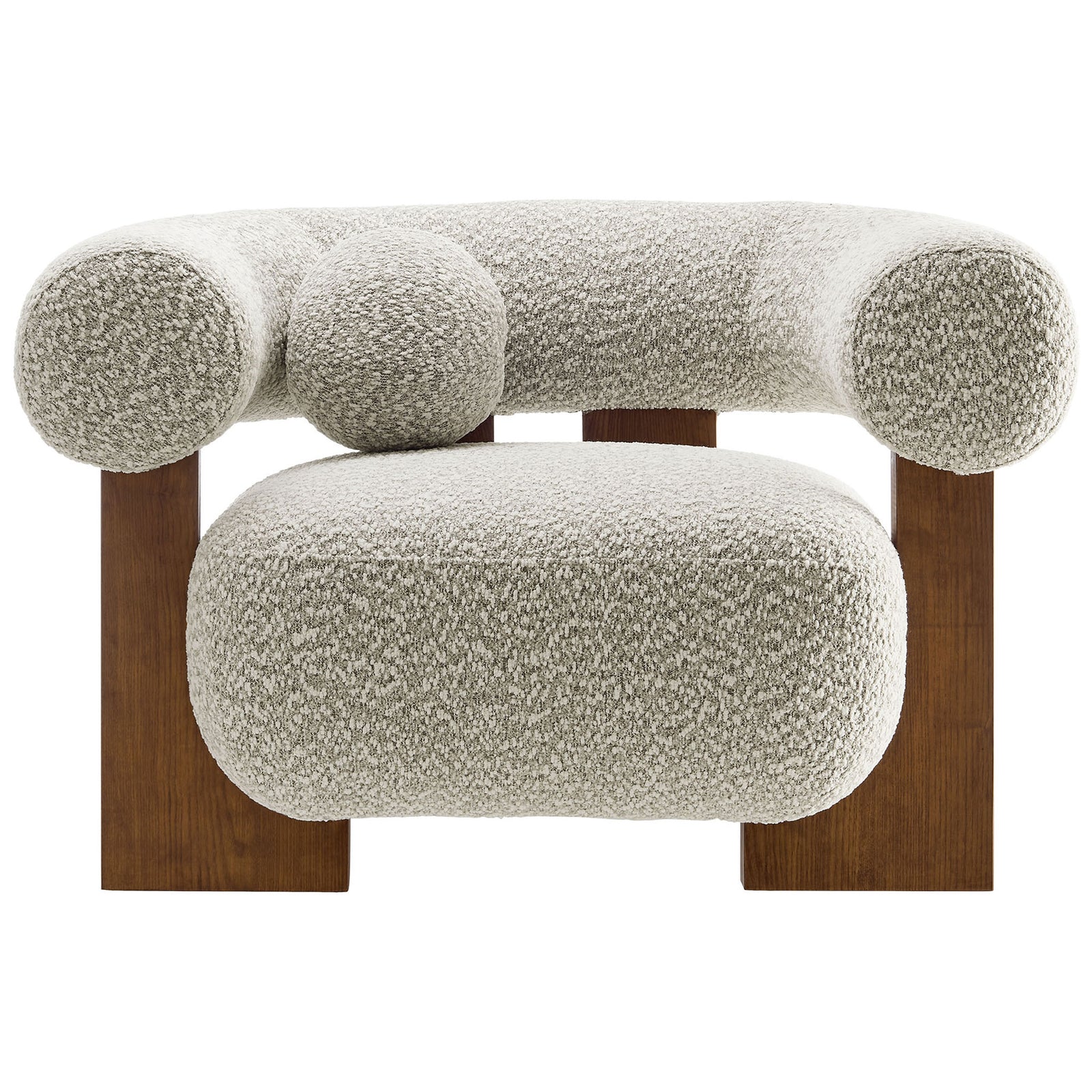 Curved boucle accent chair with U-shaped backrest, plush seat, round pillow, and ash wood legs in River Rock. || EEI-6996-RIV || front_studio
