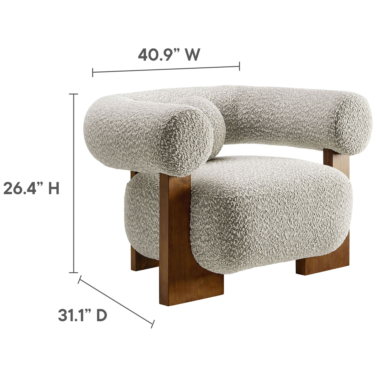 Spacious proportions and low-profile back invite relaxed lounging in River Rock boucle. || EEI-6996-RIV || dimension_studio