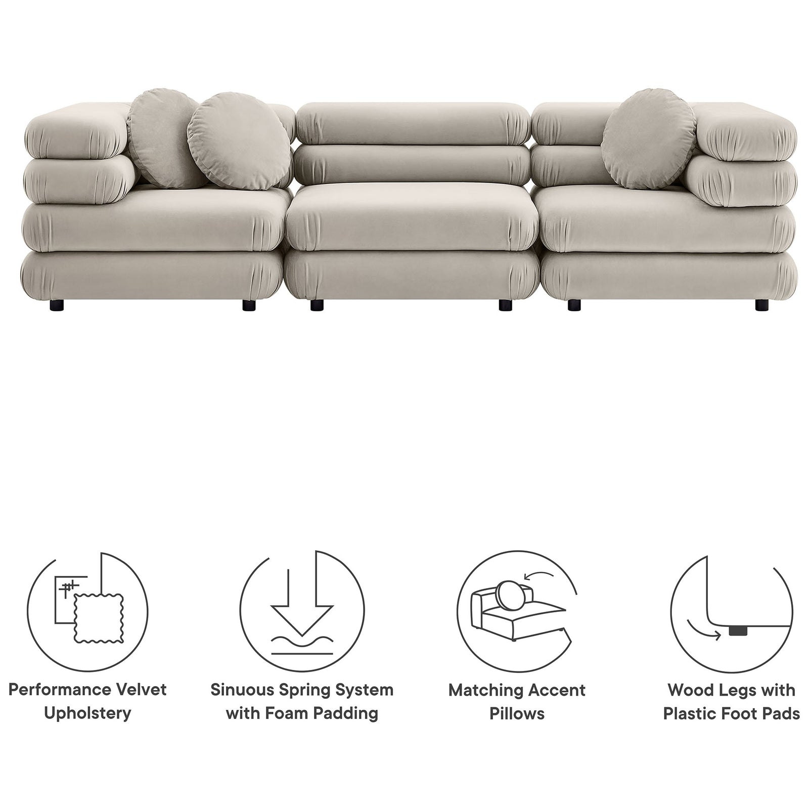 Sectional sofa with icons showing performance velvet, spring support, accent pillows, and floor-safe feet || EEI-7003-ALM || callout_studio