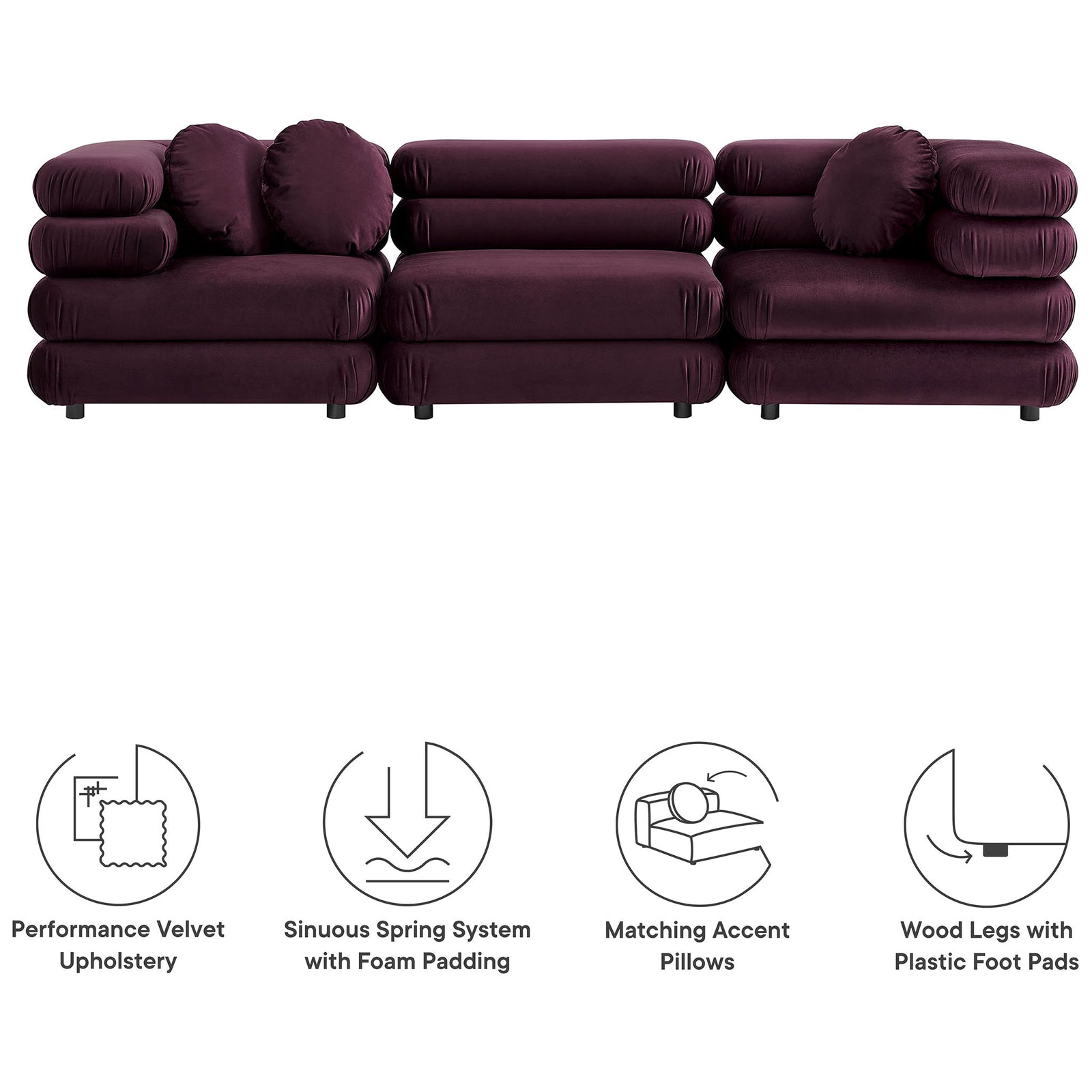 Mulberry velvet modular sectional with icons highlighting performance upholstery, spring support, and matching pillows || EEI-7003-MUL || callout_studio