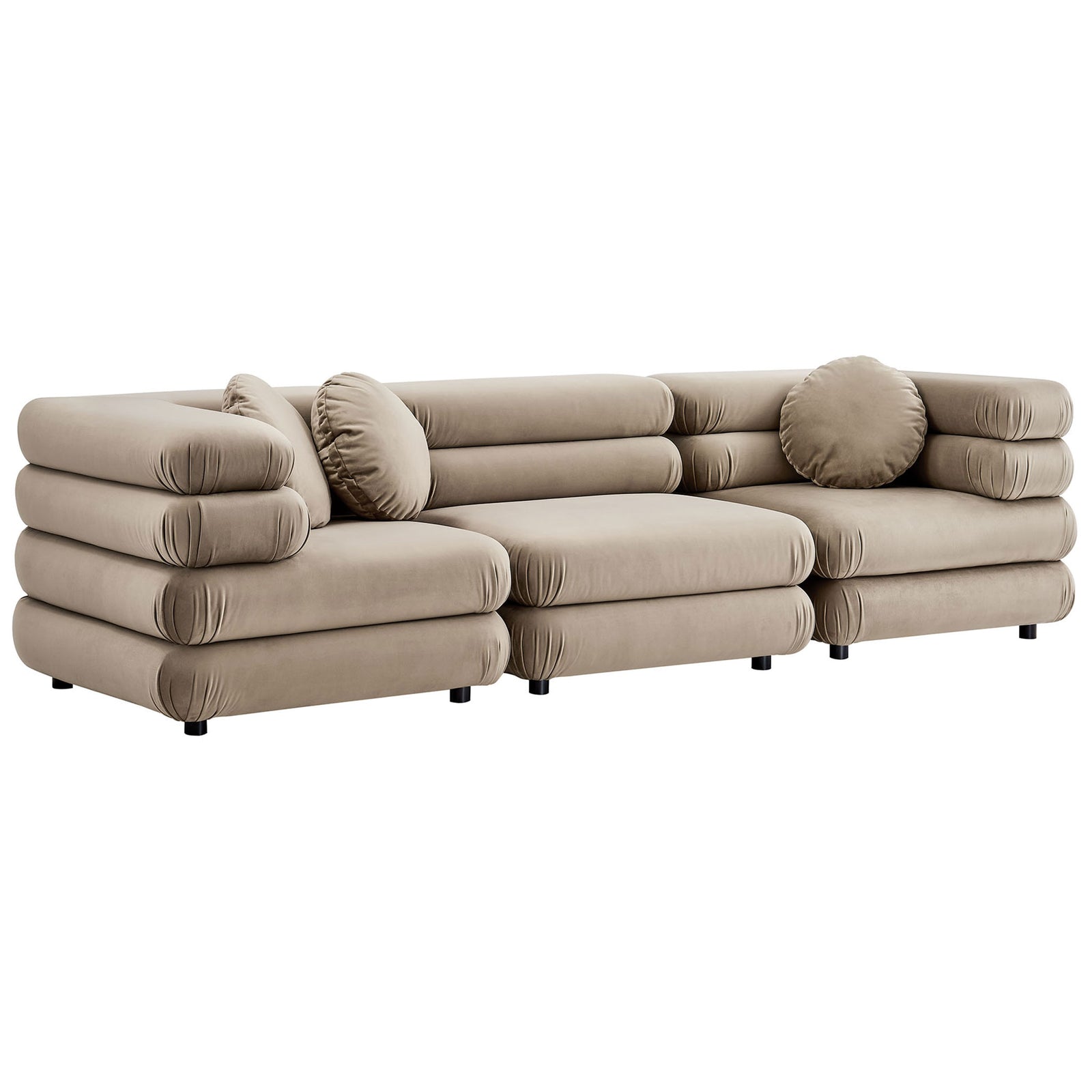 Oversized taupe velvet sectional with rounded stacked seat and back cushions plus three matching round pillows || EEI-7003-TAU || front_angle_studio