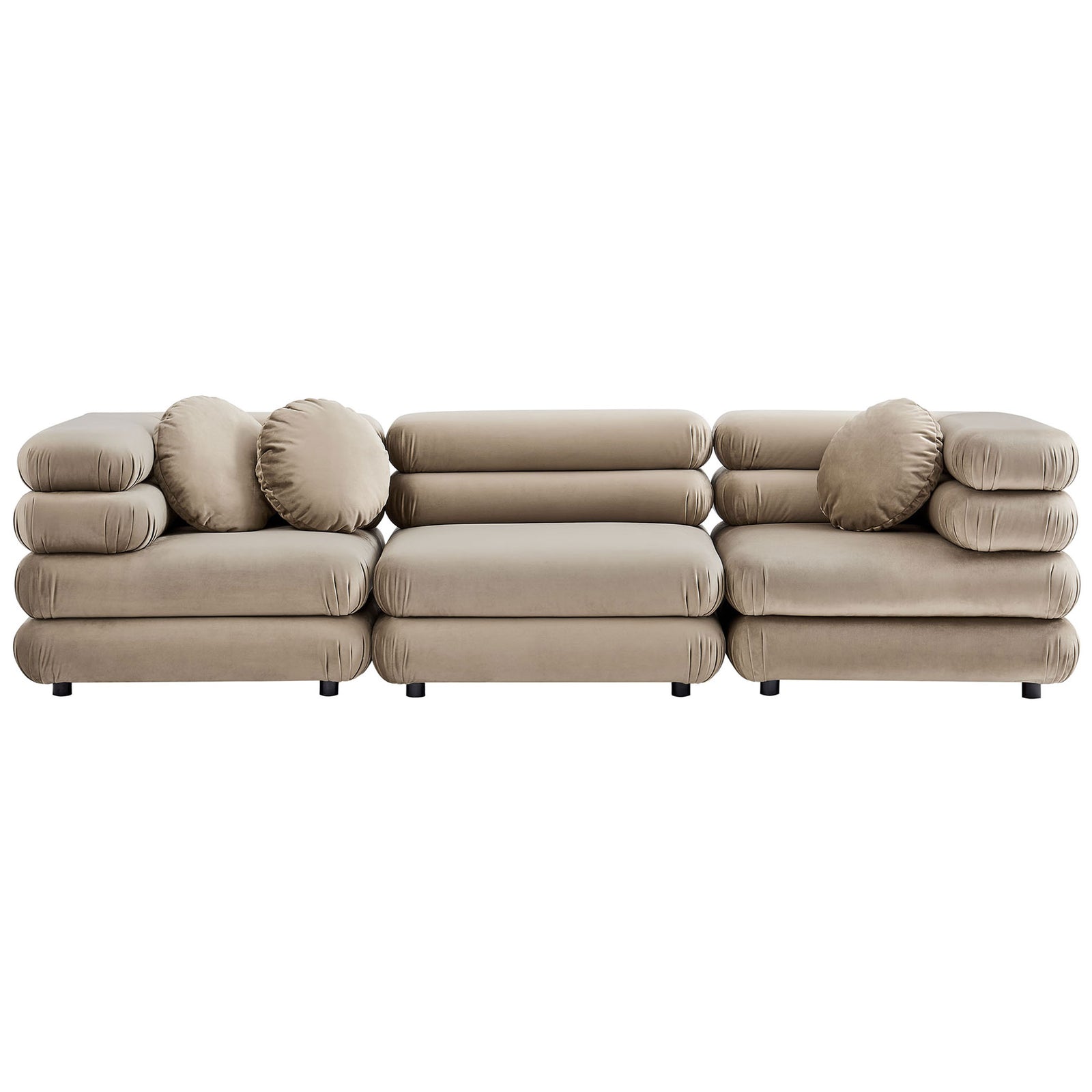 Taupe velvet three piece Jubilee modular sectional with stacked cushions and three round accent pillows || EEI-7003-TAU || front_studio