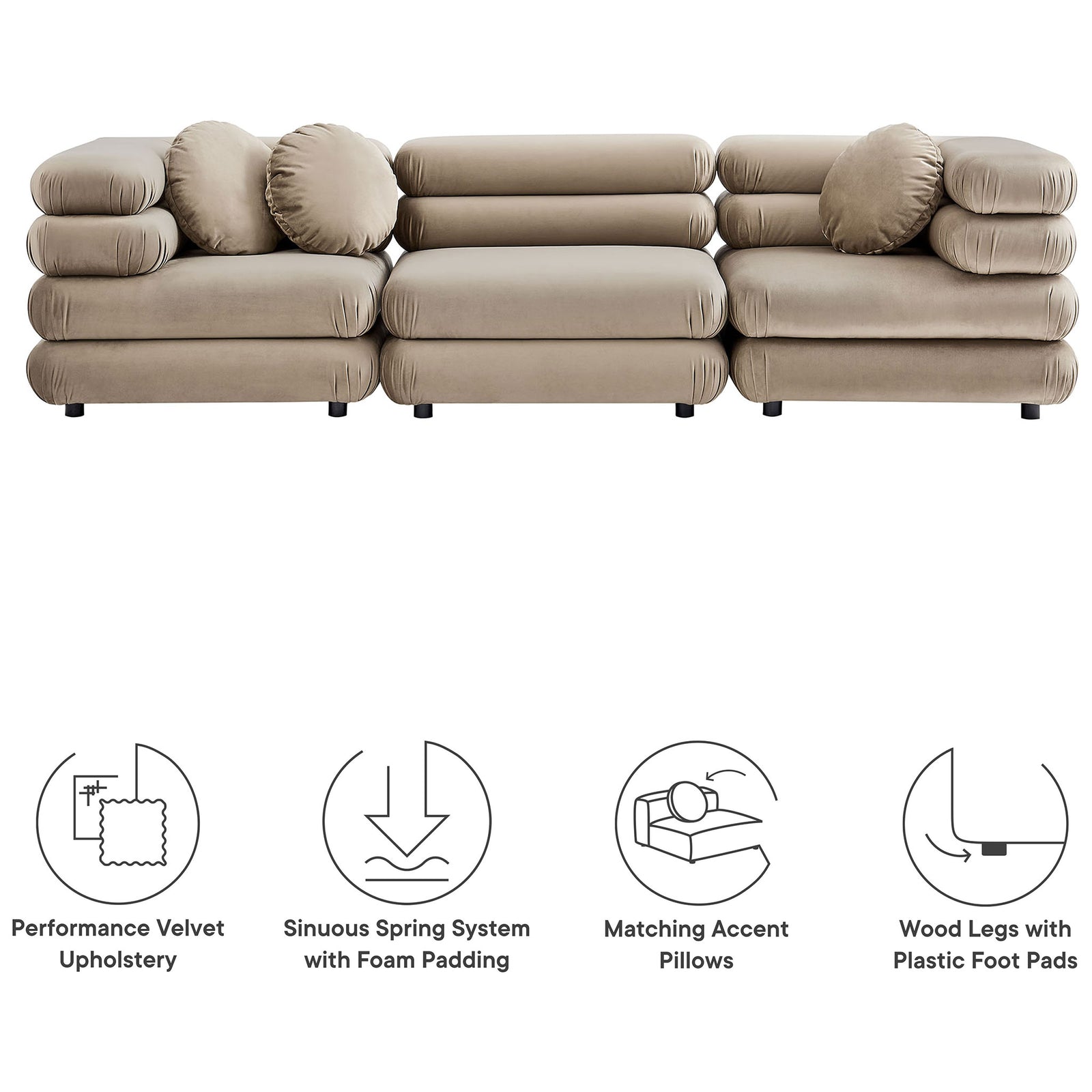 Taupe Jubilee modular sectional with feature icons highlighting performance velvet, support springs, and accent pillows || EEI-7003-TAU || callout_studio