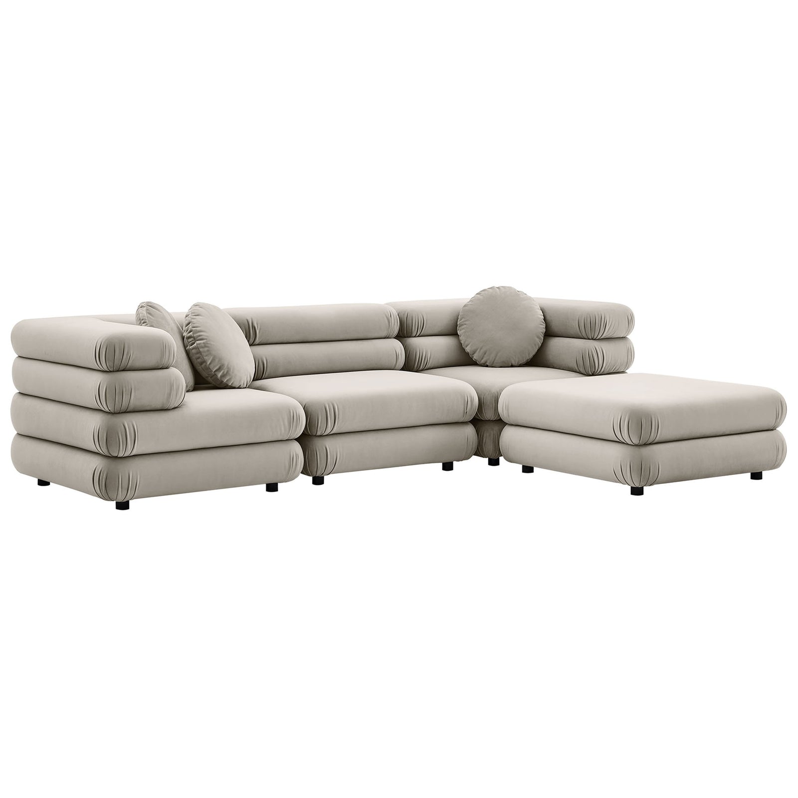 Almond performance velvet modular sectional with ottoman and layered cylindrical cushions for cozy lounging || EEI-7004-ALM || front_angle_studio