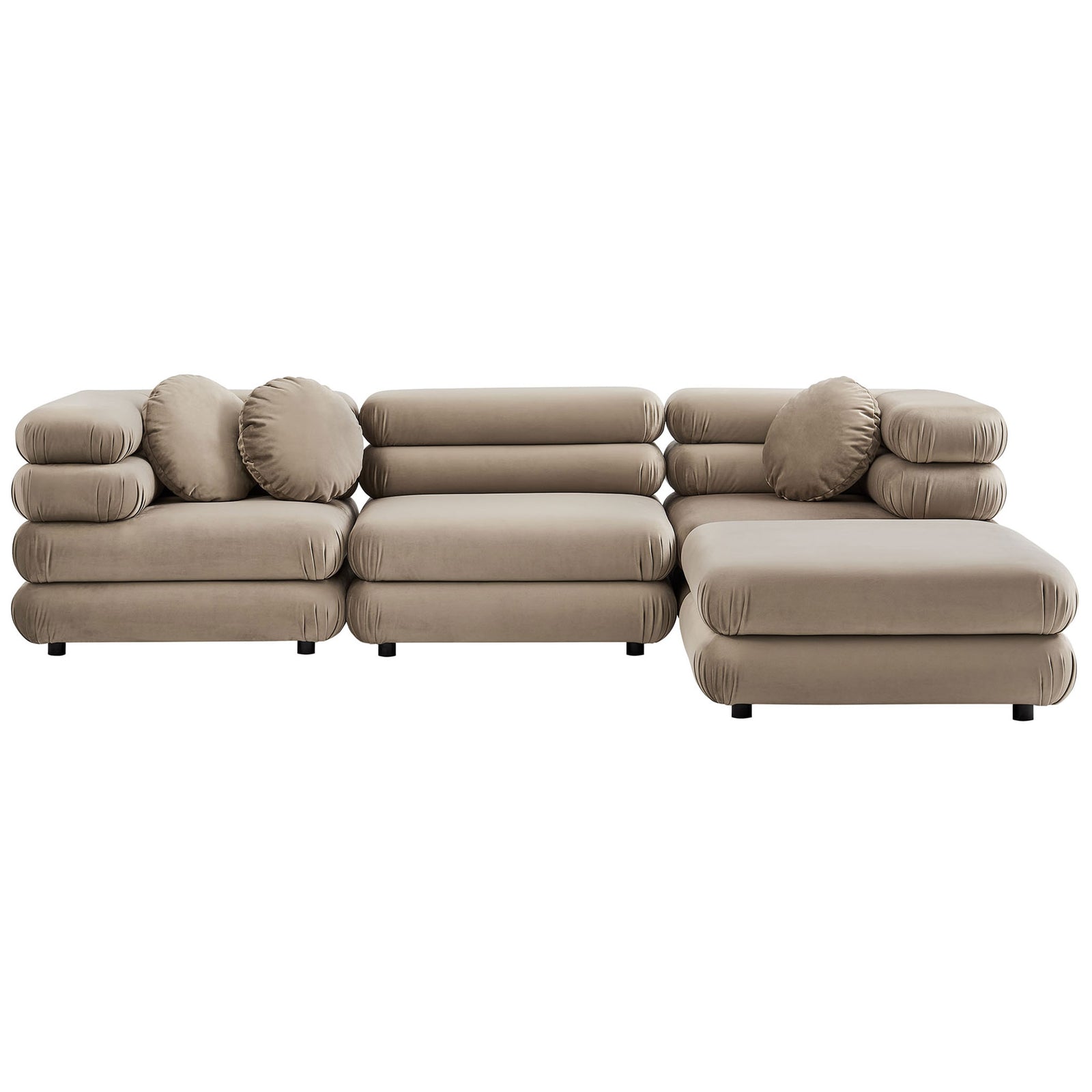 Taupe velvet modular sectional sofa with ottoman and round pillows for relaxed lounging || EEI-7004-TAU || front_studio