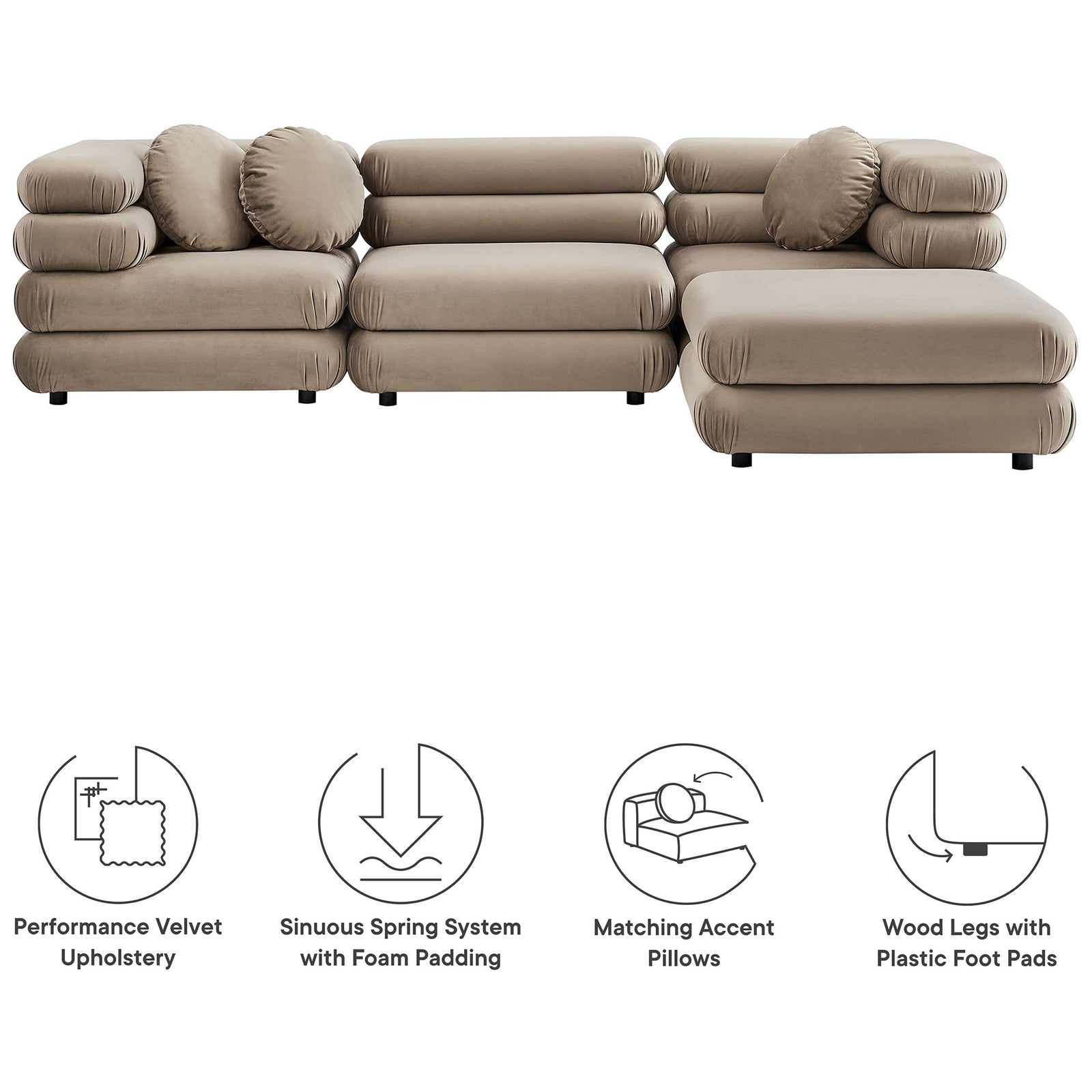 Taupe modular sectional sofa with ottoman and round pillows highlighting comfort features || EEI-7004-TAU || callout_studio
