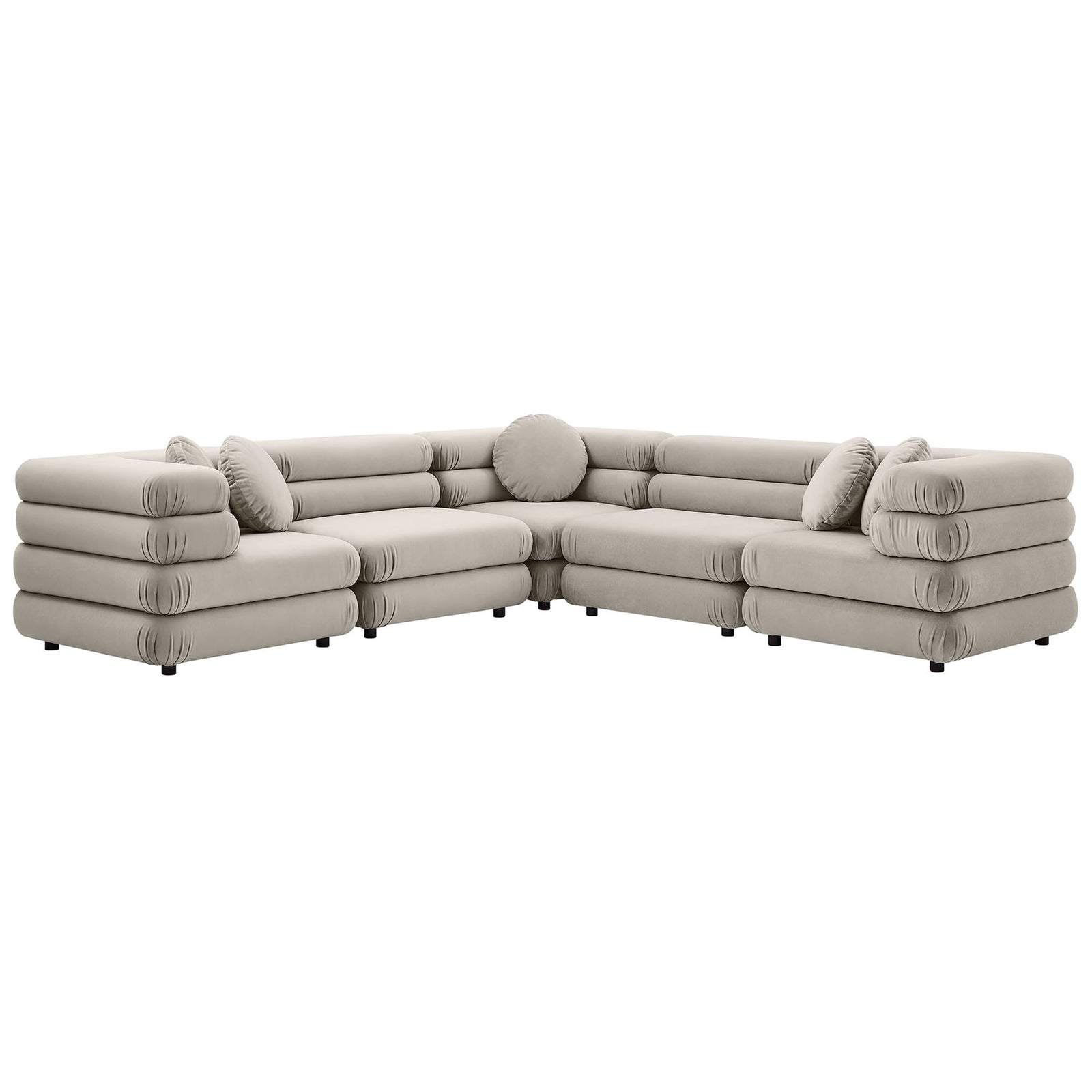 Low-profile almond modular sectional sofa with rounded stacked seat cushions and coordinating round throw pillows || EEI-7005-ALM || front_angle_studio