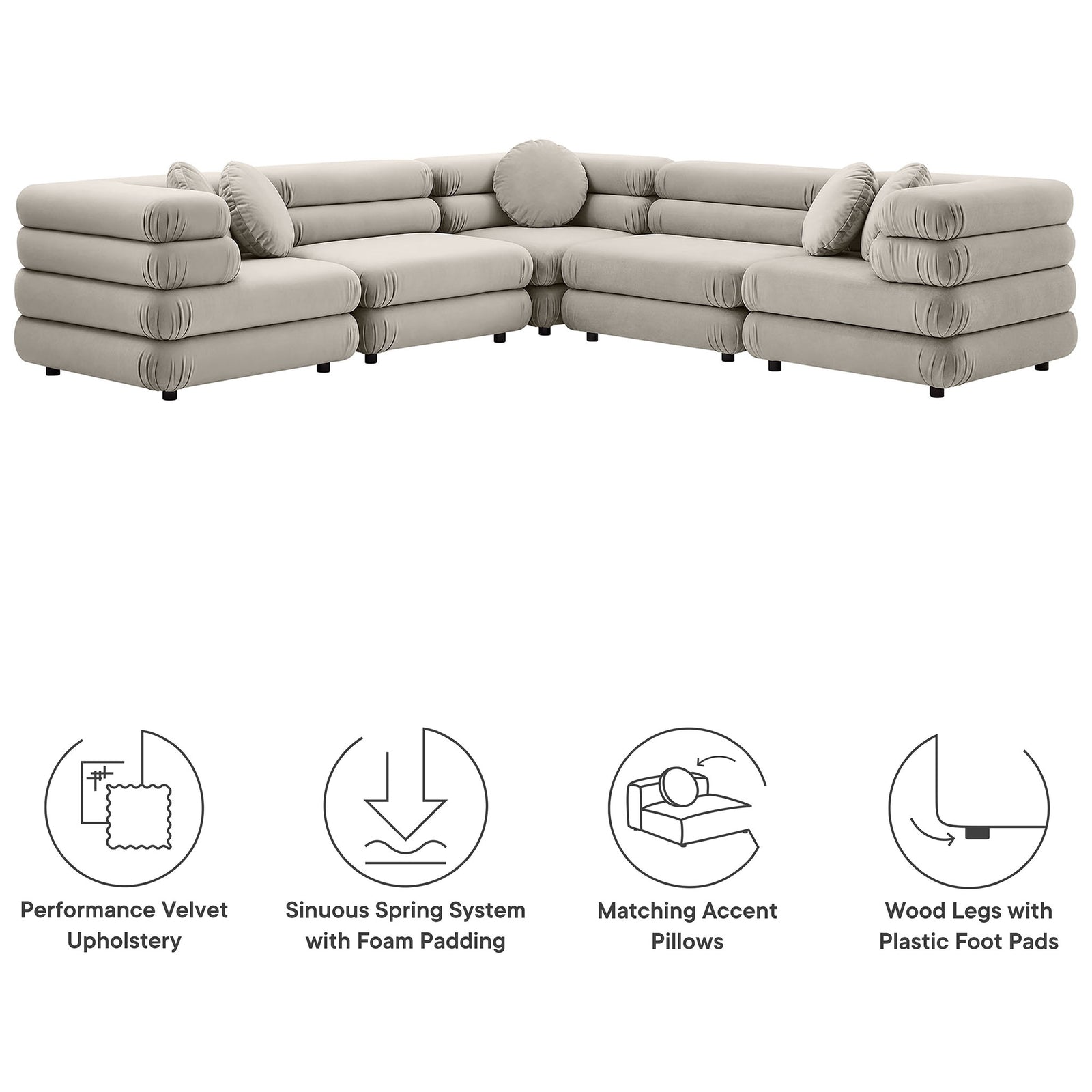 Almond sectional sofa highlighting performance velvet upholstery, sinuous spring support, pillows, and foot pads || EEI-7005-ALM || callout_studio
