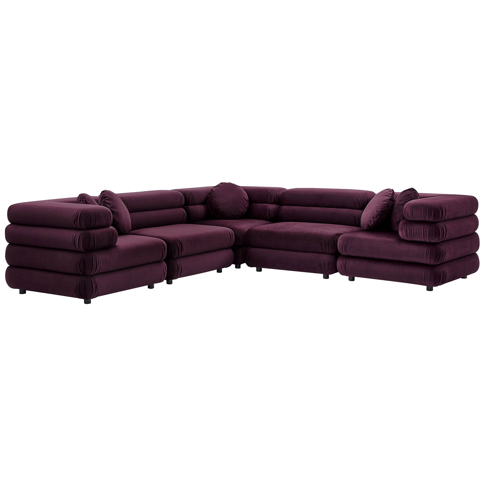 Mulberry velvet modular sectional with stacked barrel cushions and five matching round pillows || EEI-7005-MUL || front_studio
