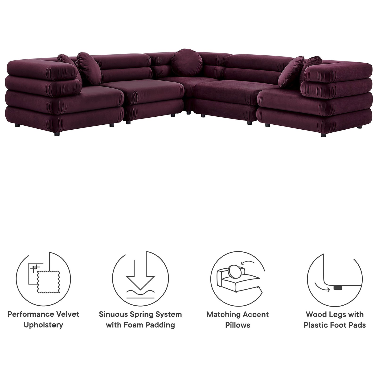 Mulberry velvet sectional highlighting supportive spring seating, matching accent pillows, and protective foot pads || EEI-7005-MUL || callout_studio