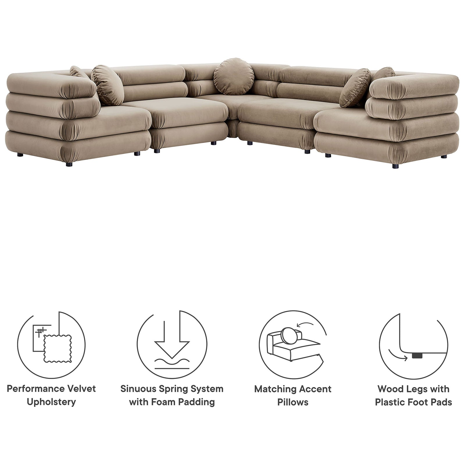 Taupe modular sectional with velvet upholstery, accent pillows, and icons highlighting supportive spring system || EEI-7005-TAU || callout_studio