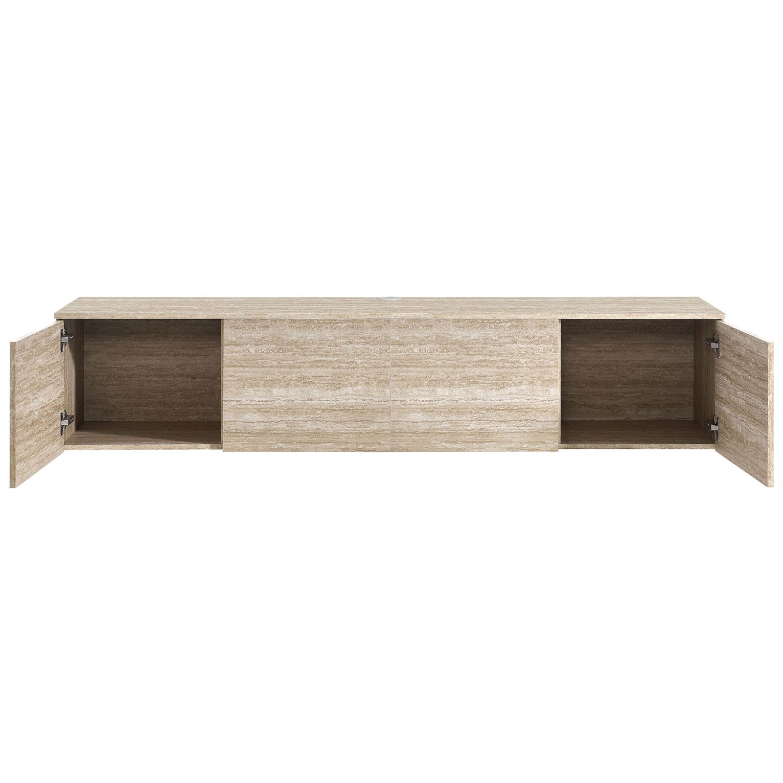 Floating TV console with outer doors open to reveal spacious interior shelving for media storage || EEI-7006-TRA || front_open_studio