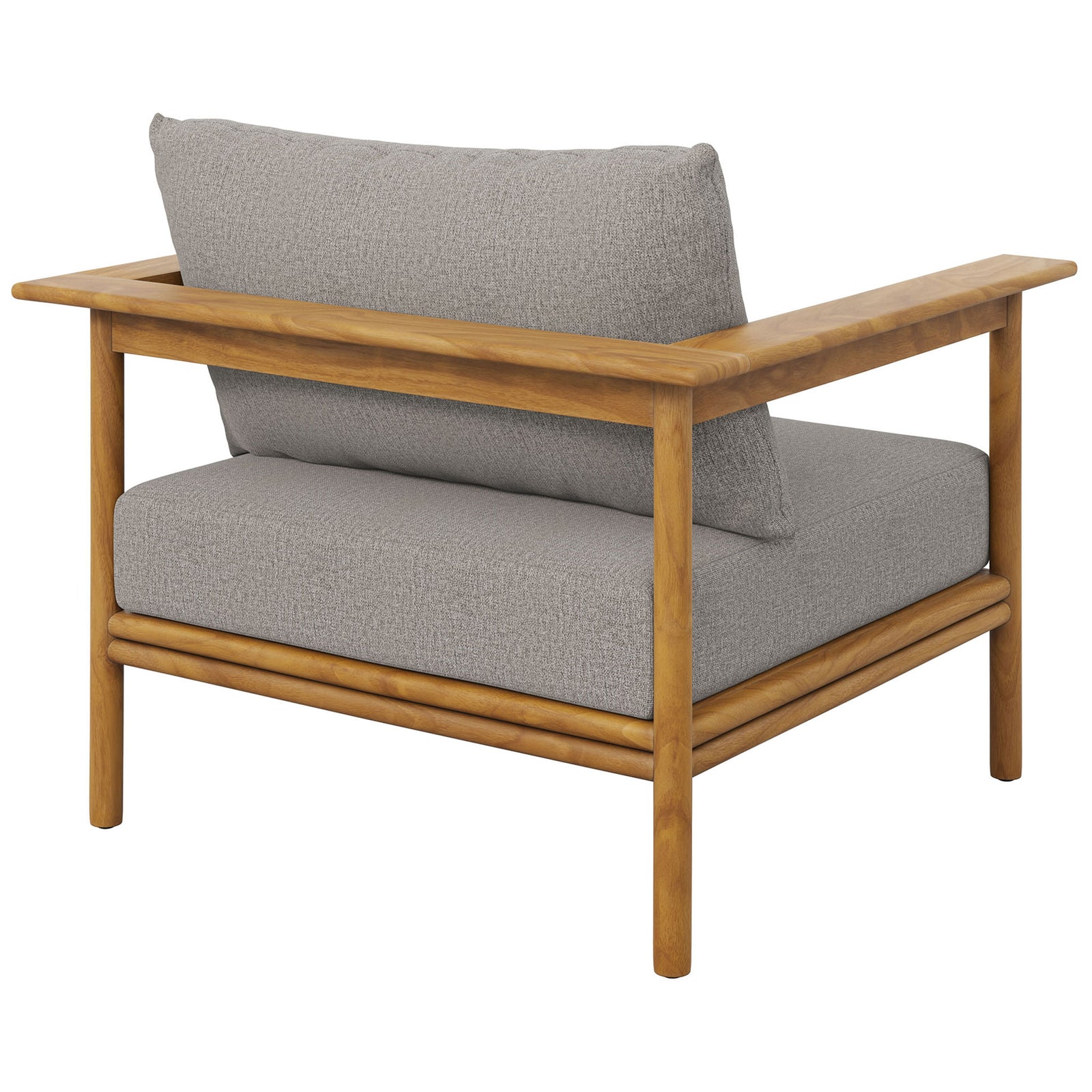 Teak lounge chair with airy open-back design and plush light gray cushions seen from the rear || EEI-7007-NAT-DRI || back_angle_studio