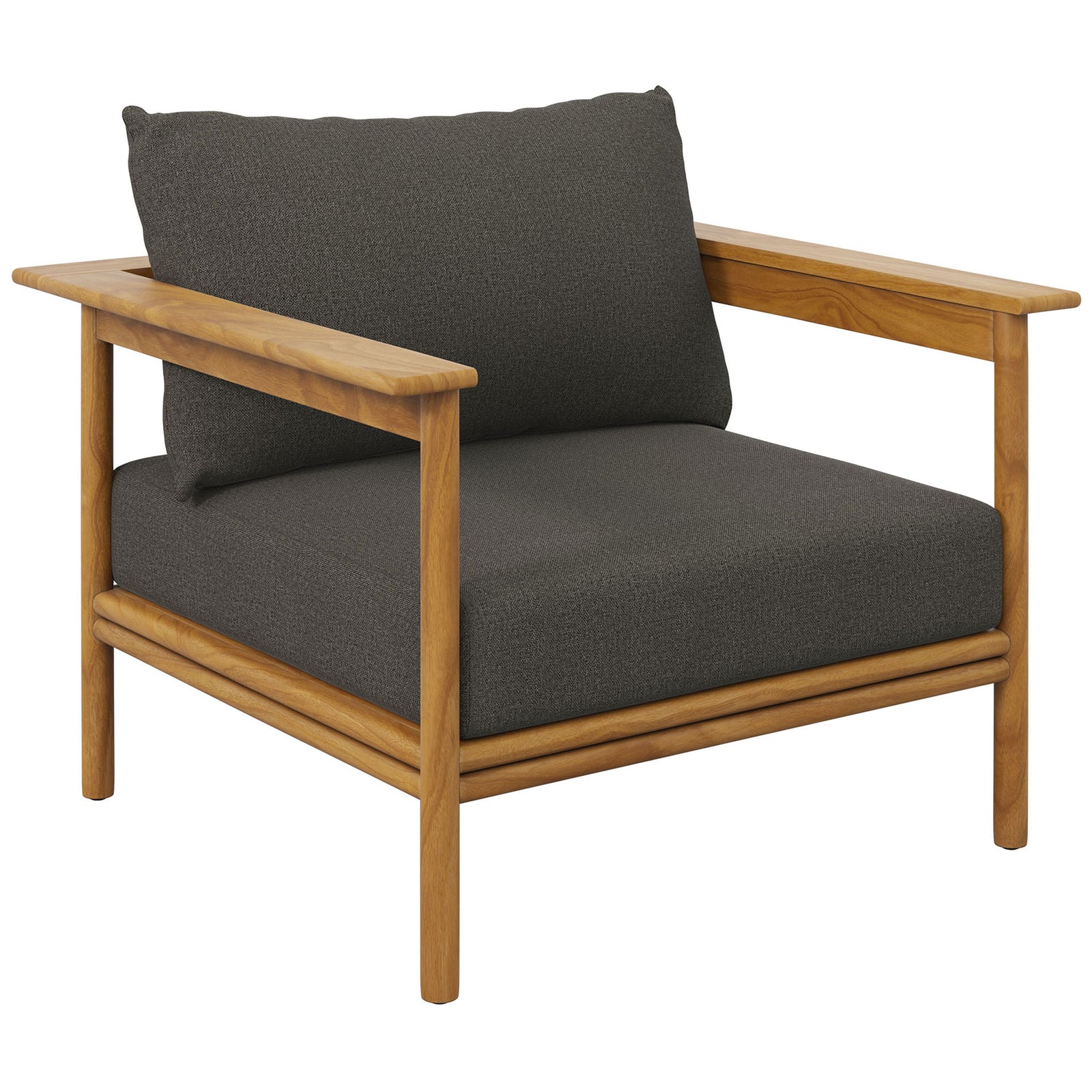 Teak outdoor armchair featuring deep charcoal cushions for a bold, modern patio seating look || EEI-7007-NAT-FLI || front_angle_studio