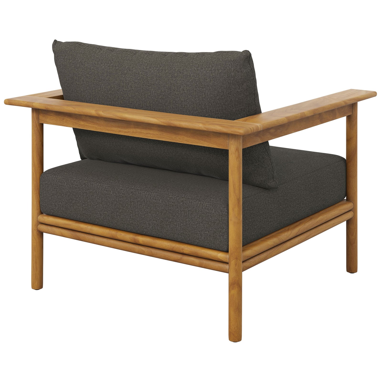 Teak lounge chair with dark charcoal cushions and an open-back frame for an airy silhouette || EEI-7007-NAT-FLI || back_angle_studio