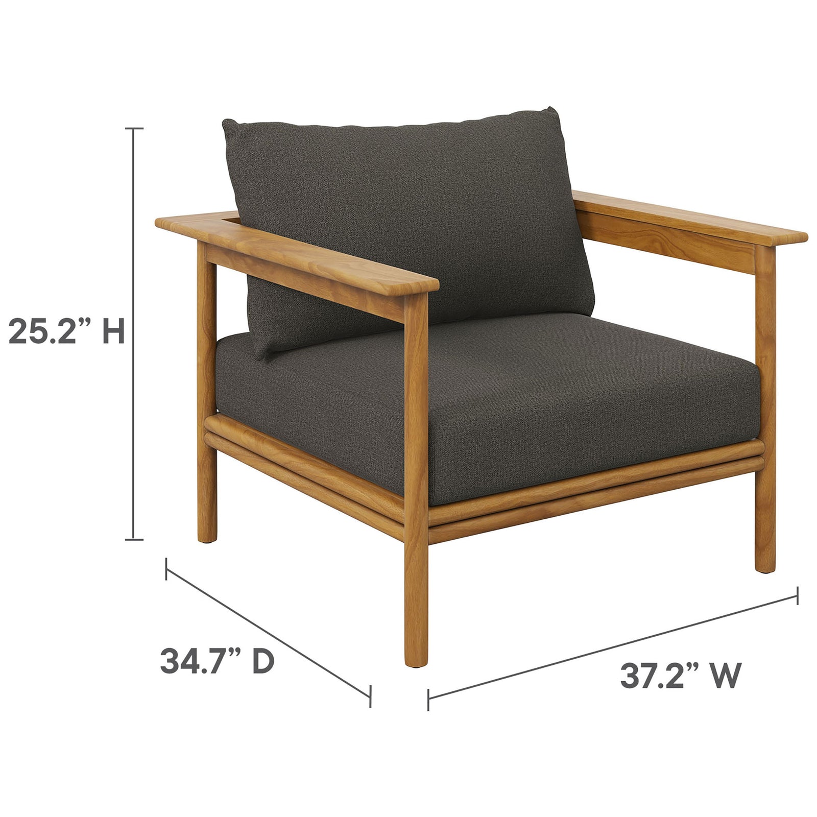 Teak outdoor armchair with charcoal cushions plus labeled height, width, and depth dimensions || EEI-7007-NAT-FLI || dimension_studio