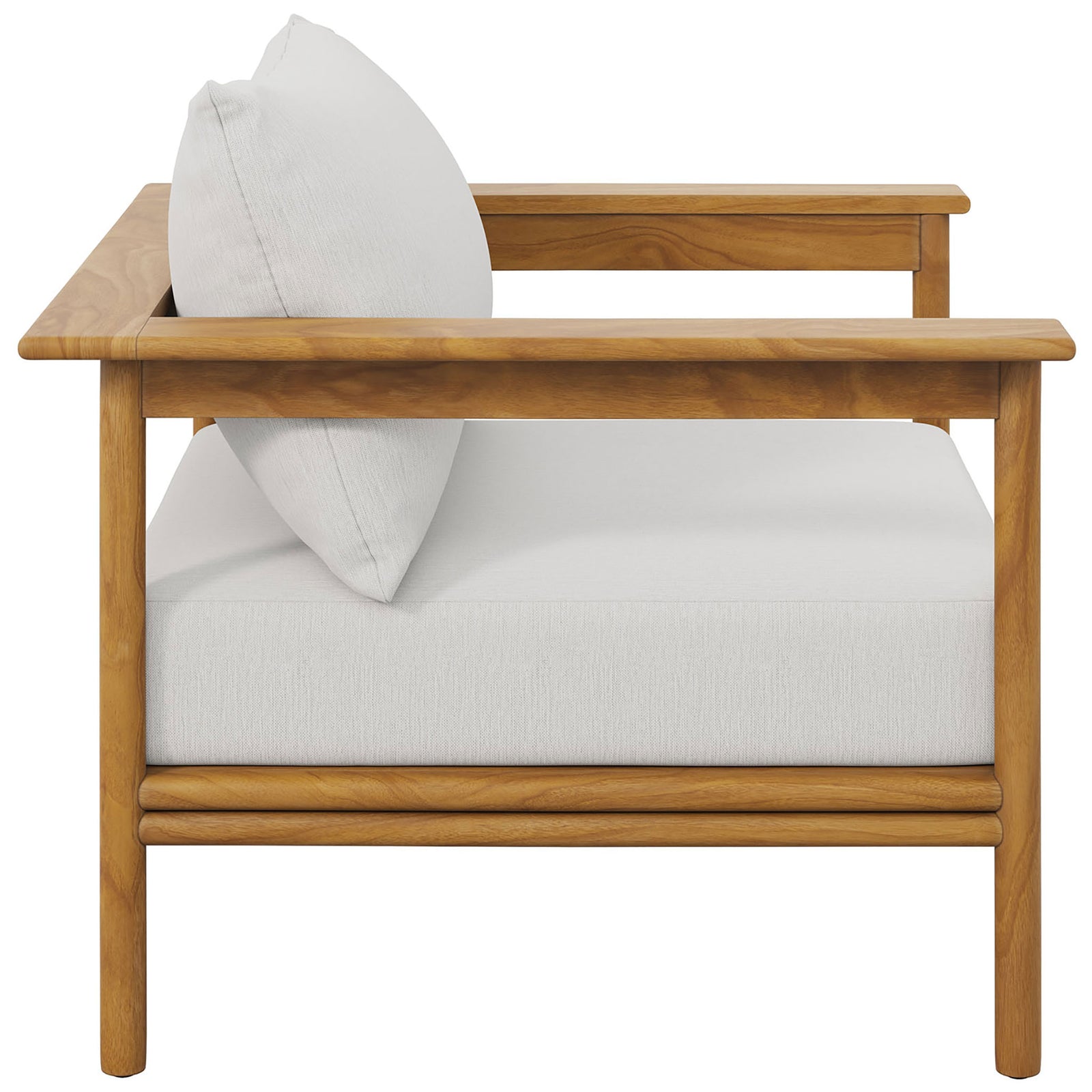 Low-profile teak patio chair with thick white cushions and sleek modern side rails || EEI-7007-NAT-SAI || side_studio