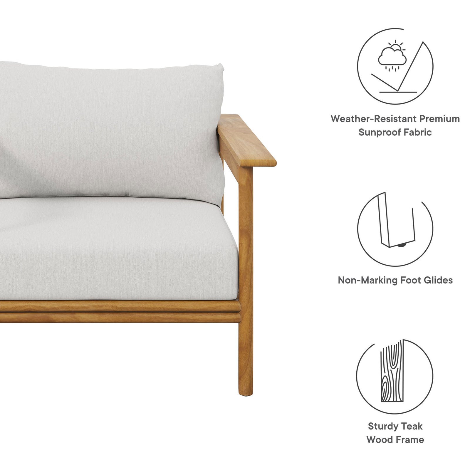 Teak patio armchair with white cushions beside icons highlighting weather-resistant fabric and foot glides || EEI-7007-NAT-SAI || callout_studio