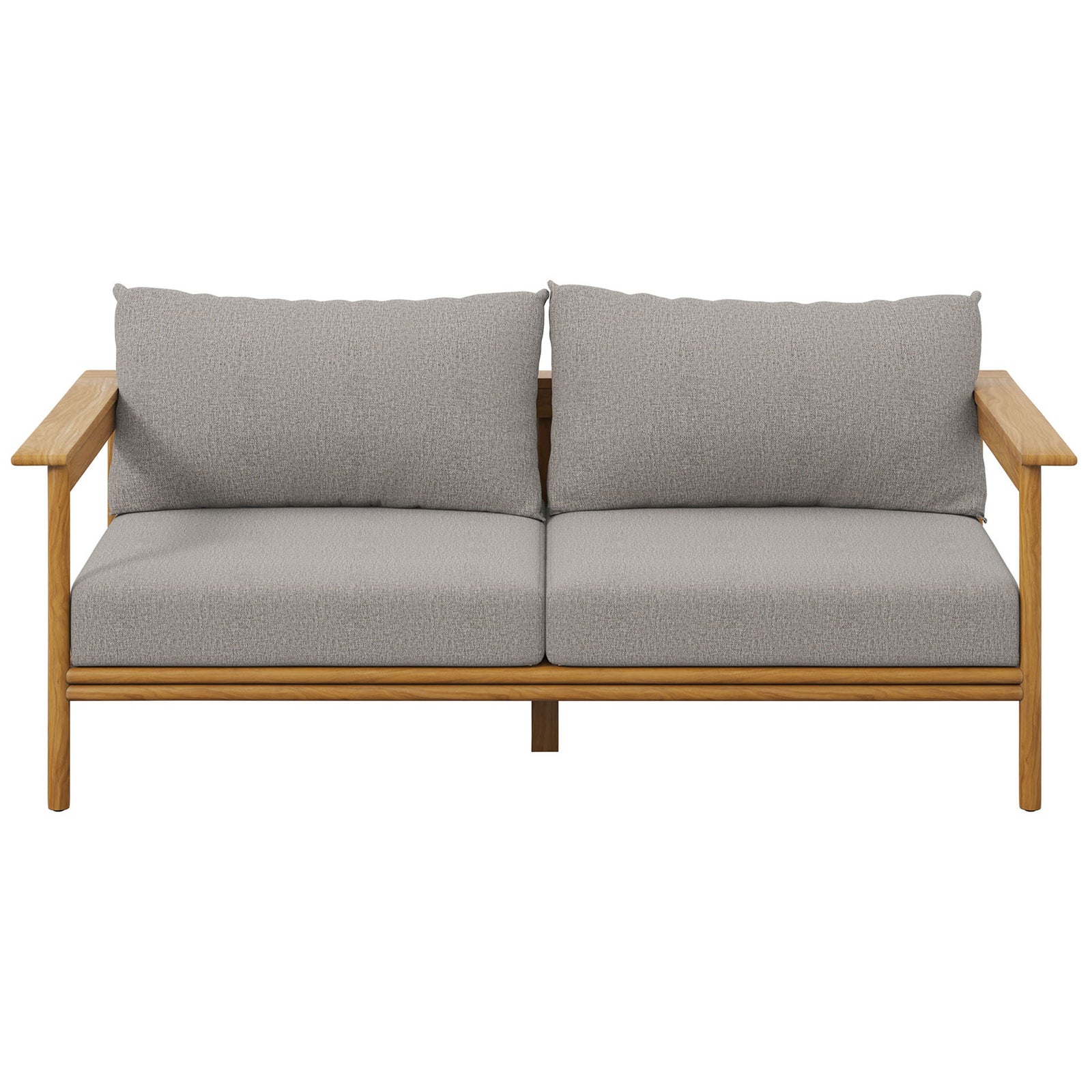 Two-seat teak outdoor sofa with thick gray cushions and simple lines that complement modern patios. || EEI-7008-NAT-DRI || front_studio