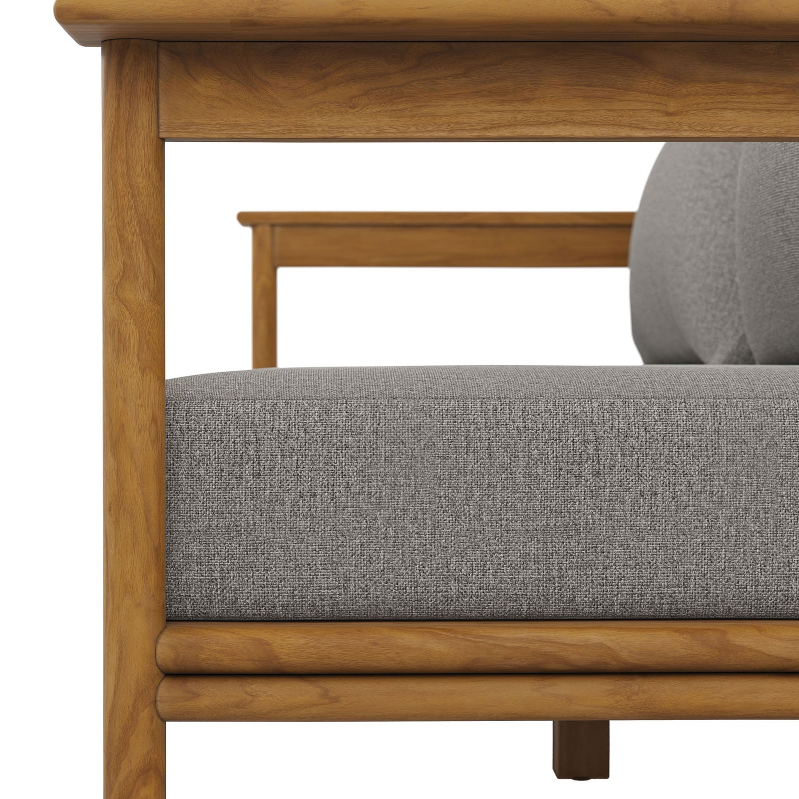 Sturdy teak base and thick gray cushion showcase the sofa's durable, weather-ready construction. || EEI-7008-NAT-DRI || detail_studio