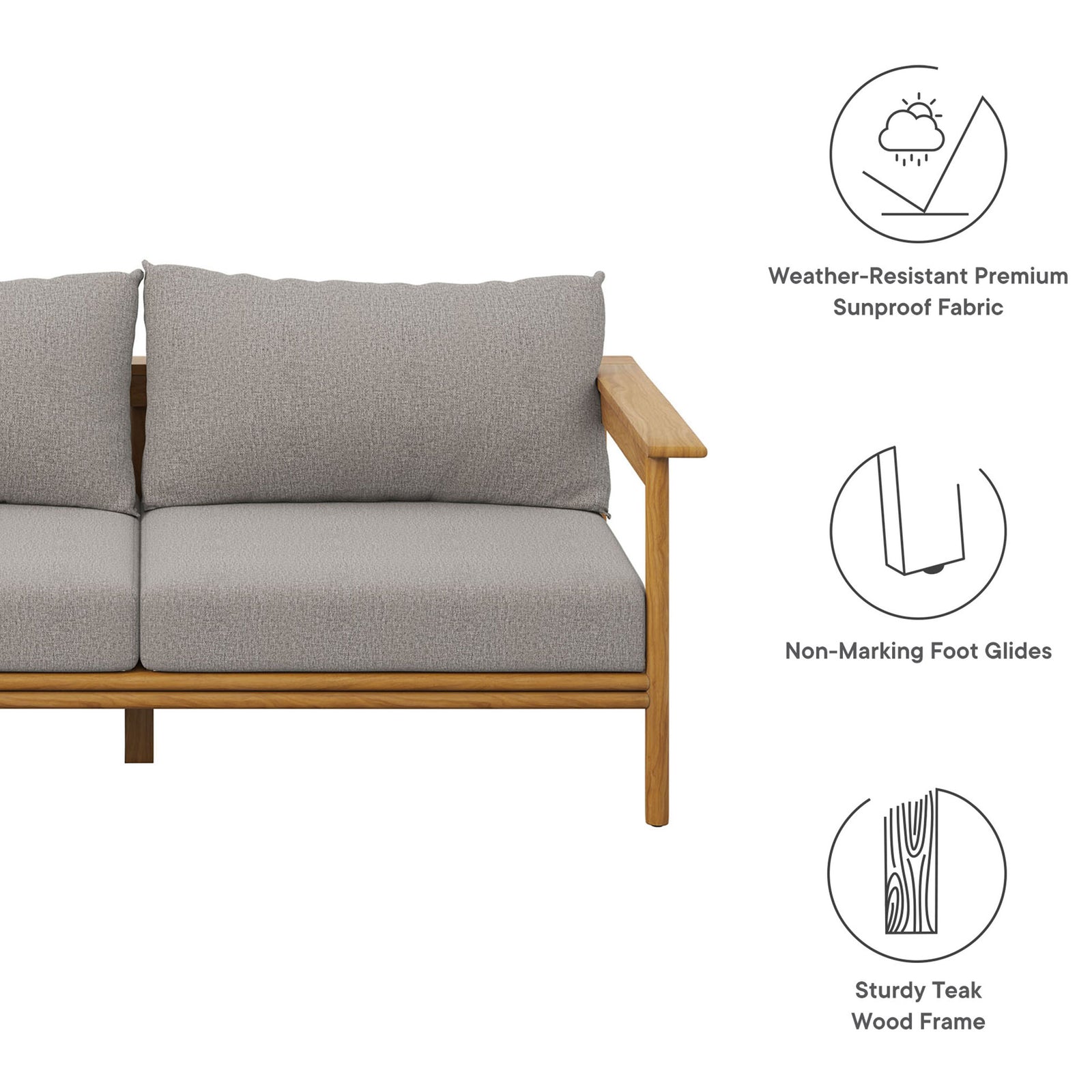 Outdoor teak sofa with gray cushions highlighted with icons for weather-resistant fabric and foot glides. || EEI-7008-NAT-DRI || callout_studio