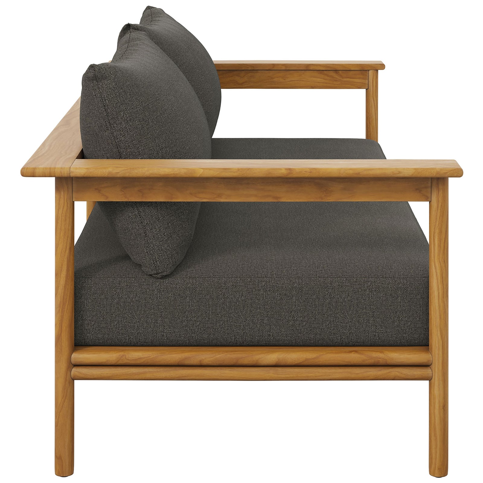 Low-profile teak sofa with deep charcoal cushions and open sides that keep outdoor seating breezy. || EEI-7008-NAT-FLI || side_studio