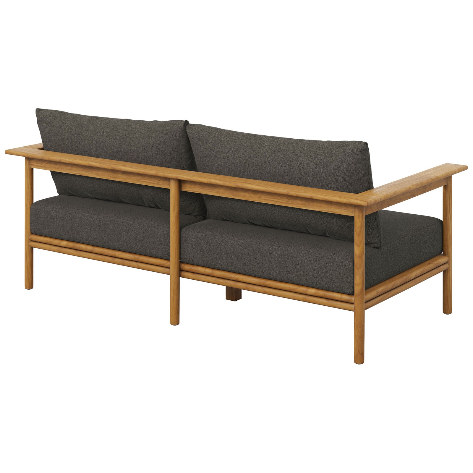 Teak outdoor sofa showcasing a clean linear back frame with generously filled charcoal cushions. || EEI-7008-NAT-FLI || back_angle_studio