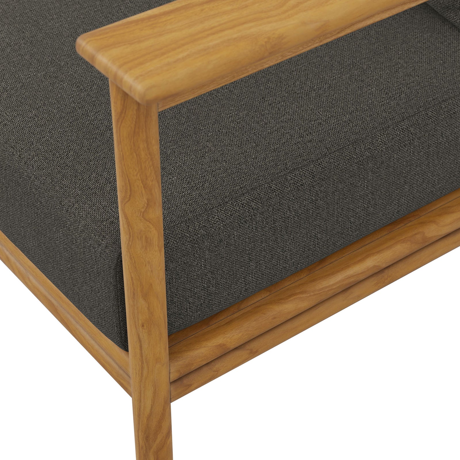 Warm teak armrest paired with tightly woven charcoal seat cushion for a refined outdoor look. || EEI-7008-NAT-FLI || detail_studio