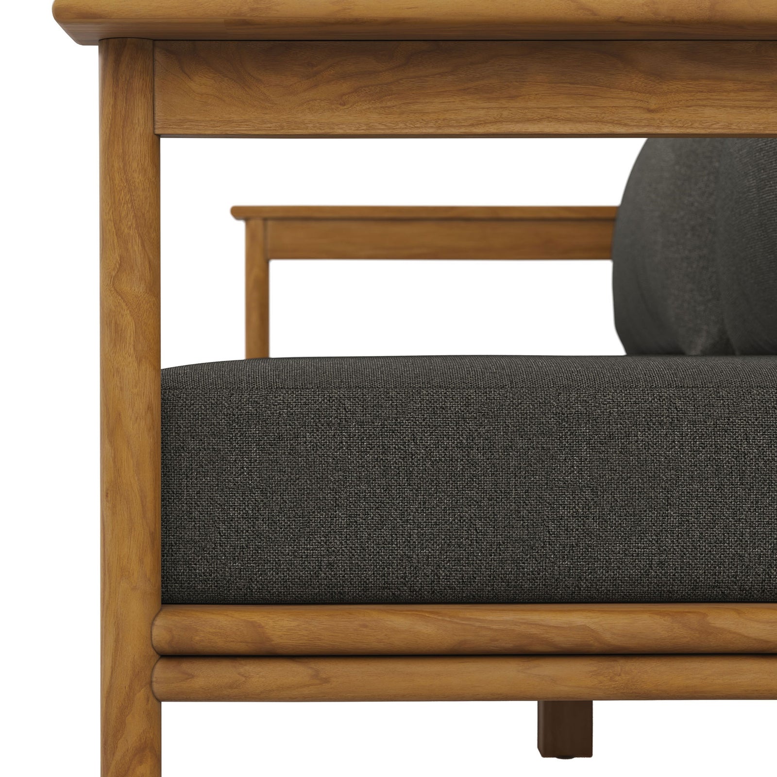 Solid teak base and dense charcoal cushion emphasize the sofa's strong, weather-ready build. || EEI-7008-NAT-FLI || detail_studio