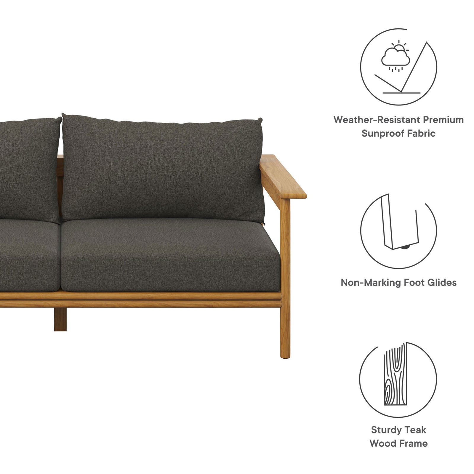 Charcoal cushion teak sofa highlighted with icons for weather-resistant fabric, foot glides, and sturdy wood. || EEI-7008-NAT-FLI || callout_studio