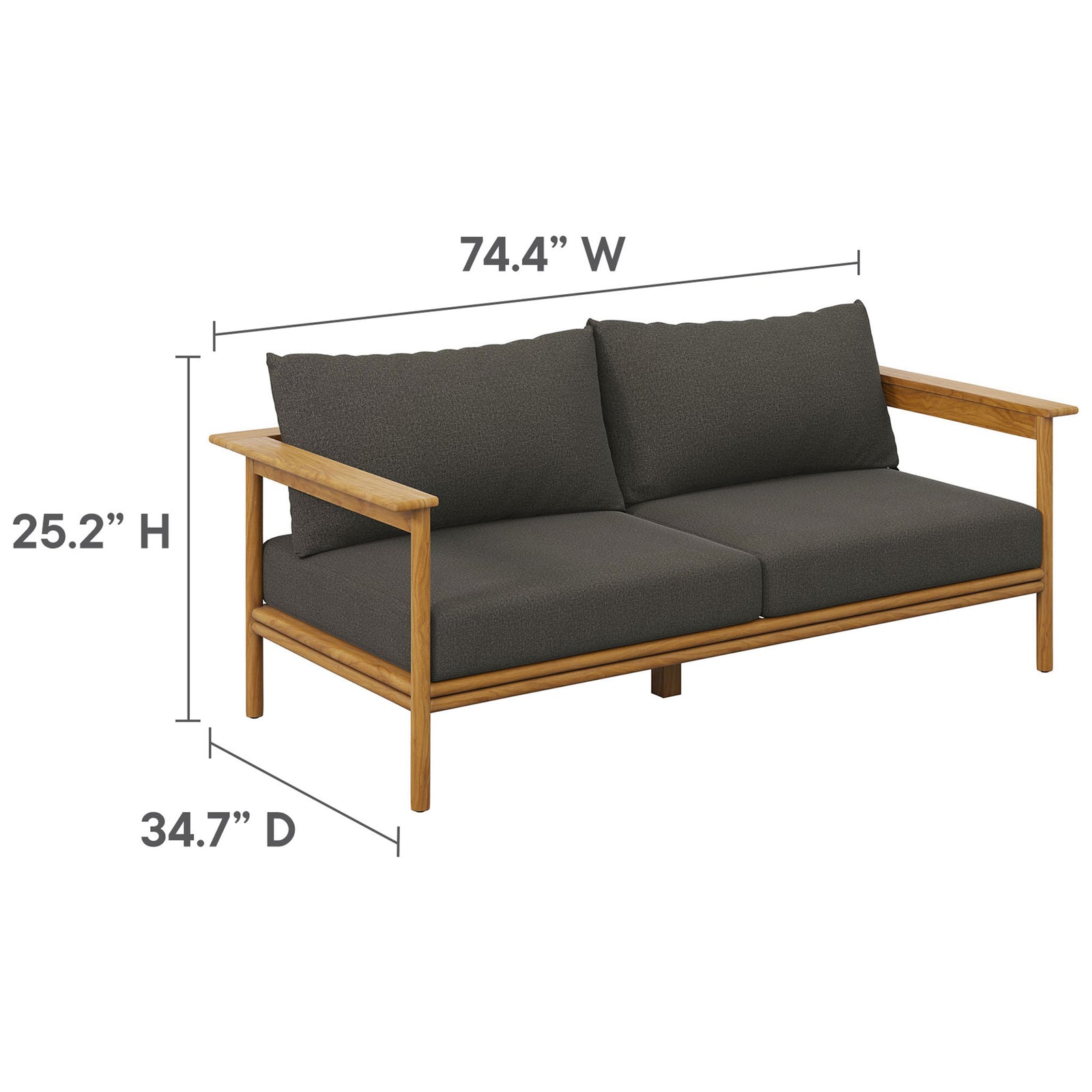 Charcoal cushion teak outdoor sofa shown with clear width, depth, and height measurements. || EEI-7008-NAT-FLI || dimension_studio