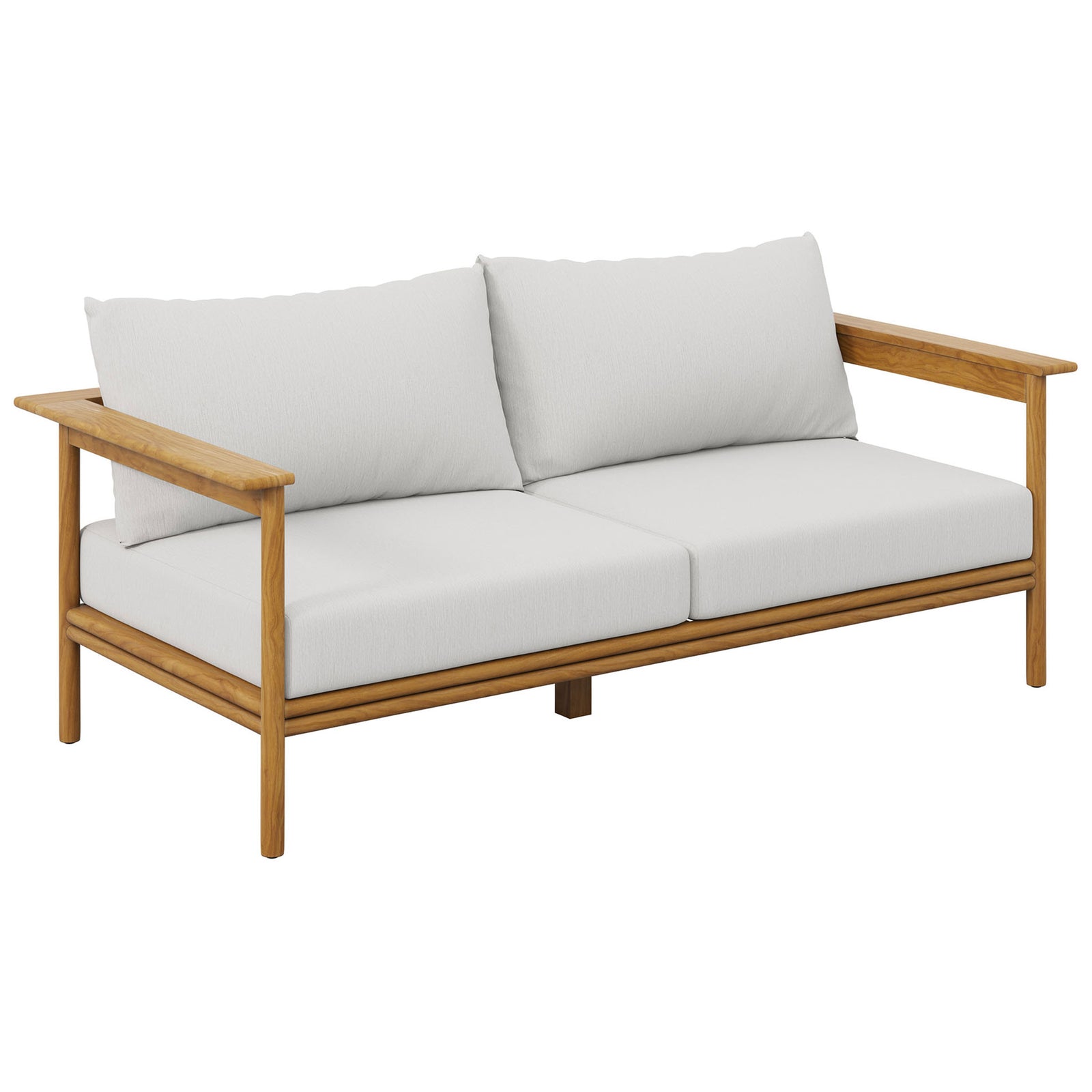 Airy teak outdoor sofa with slim arms and crisp white cushions for breezy, relaxed lounging. || EEI-7008-NAT-SAI || front_angle_studio