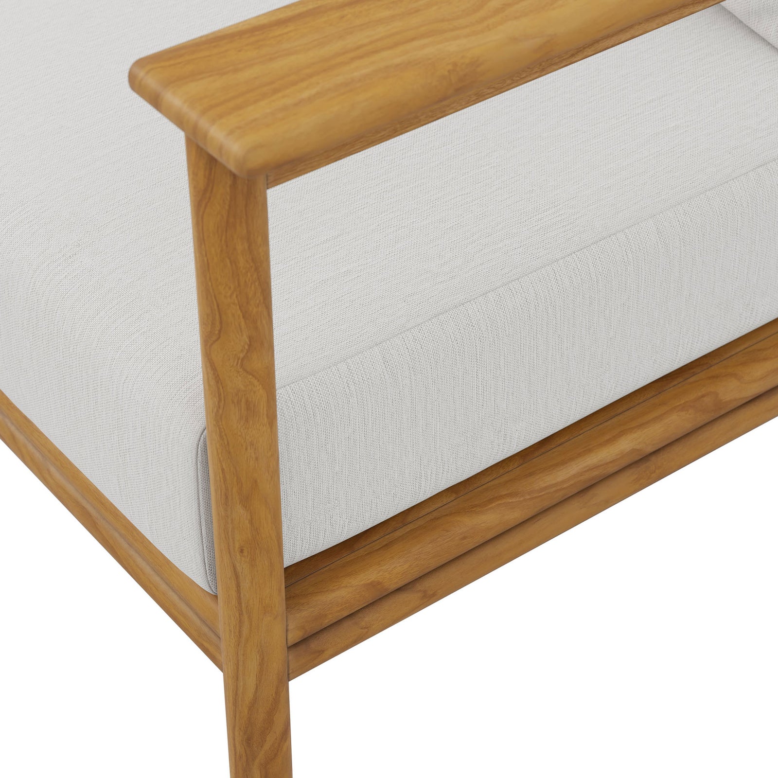 Smooth teak armrest paired with soft white seat cushion for a clean, inviting outdoor detail. || EEI-7008-NAT-SAI || detail_studio