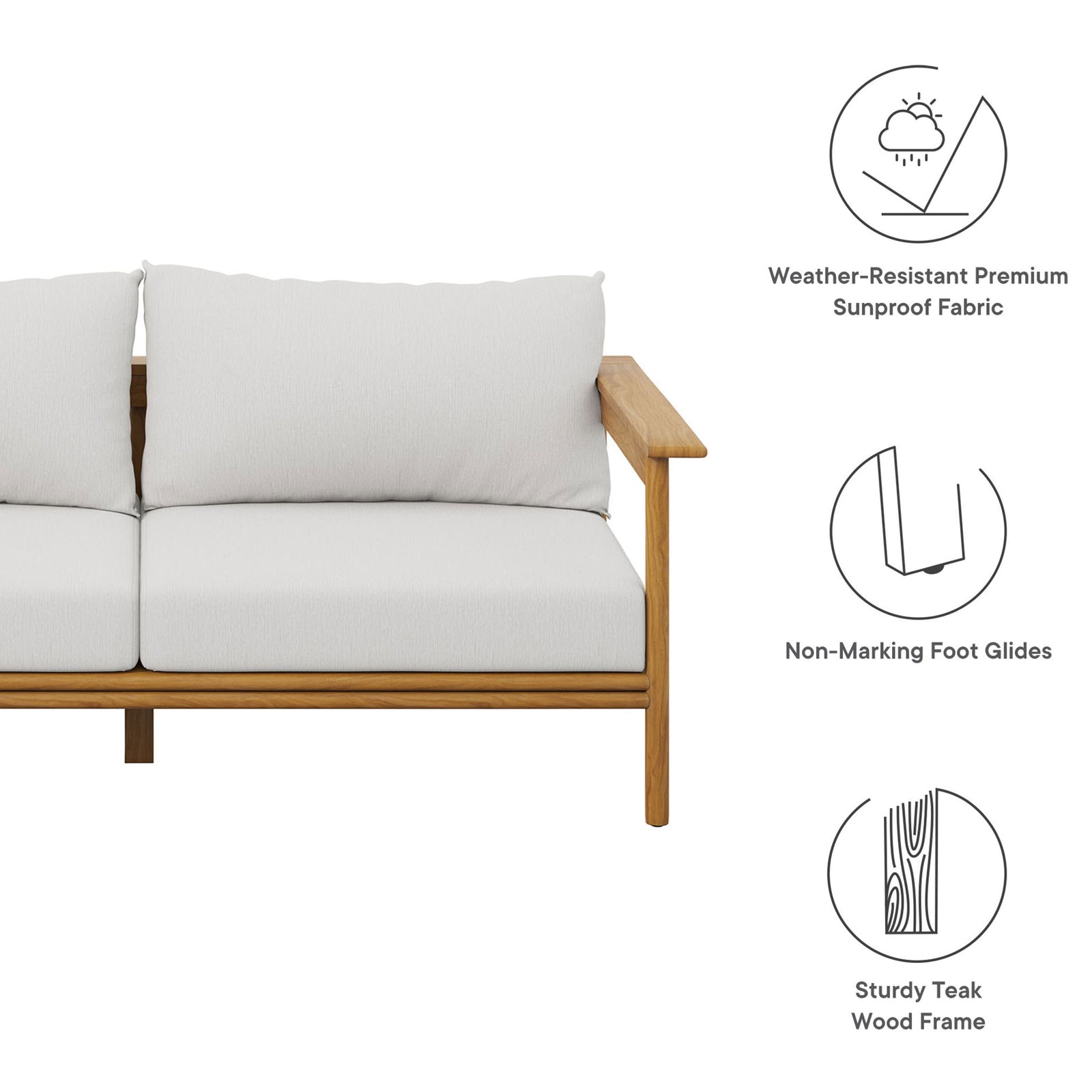 White cushion teak sofa highlighted with icons for weather-resistant fabric, non-marking glides, and wood frame. || EEI-7008-NAT-SAI || callout_studio