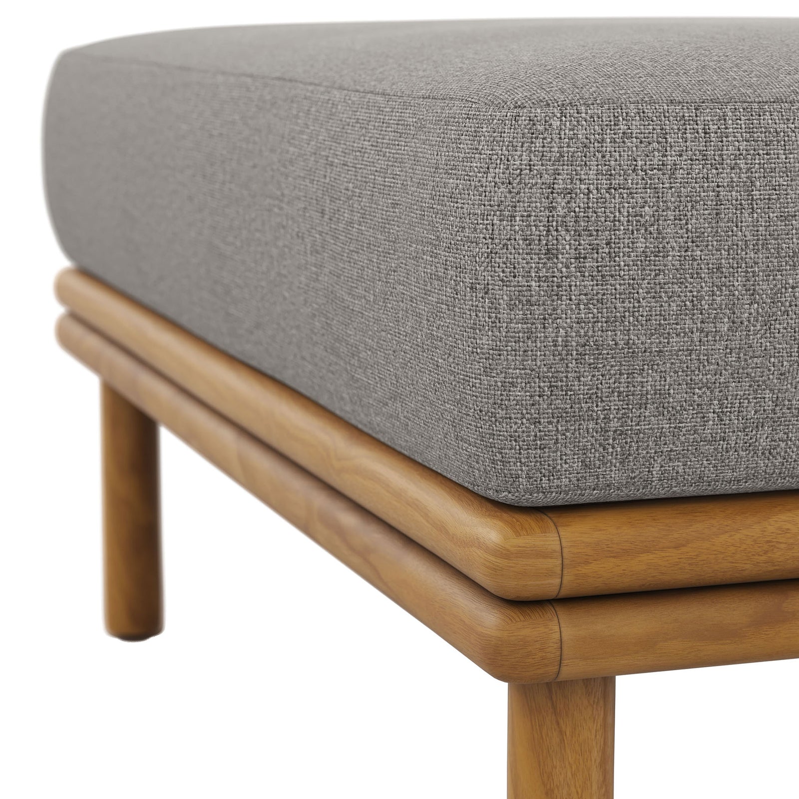 Textured Sunproof fabric and smooth teak frame showcase the ottoman's durable, weather-ready construction. || EEI-7009-NAT-DRI || detail_studio