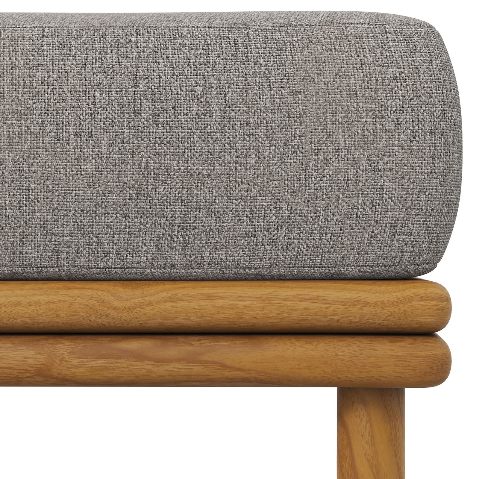 Rounded cushion edges meet softly curved teak rails for a refined, inviting outdoor ottoman silhouette. || EEI-7009-NAT-DRI || detail_studio