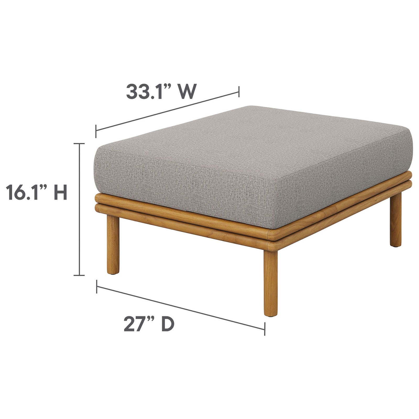 Dimension diagram shows the Wren teak ottoman's generous footprint and low lounge height for flexible layouts. || EEI-7009-NAT-DRI || dimension_studio