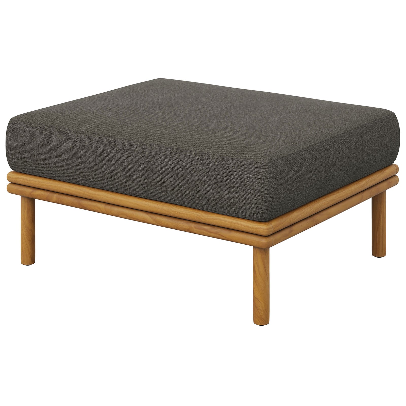 Generous cushion depth and sturdy teak legs make this ottoman a versatile footrest or extra seat. || EEI-7009-NAT-FLI || back_angle_studio
