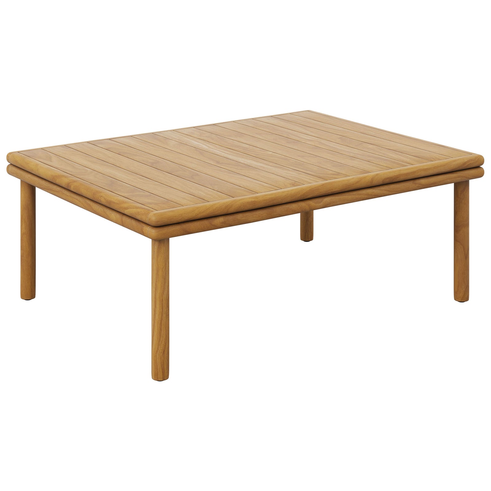 Teak outdoor coffee table with slatted top and rounded legs for a warm, inviting patio centerpiece || EEI-7010-NAT || front_angle_studio