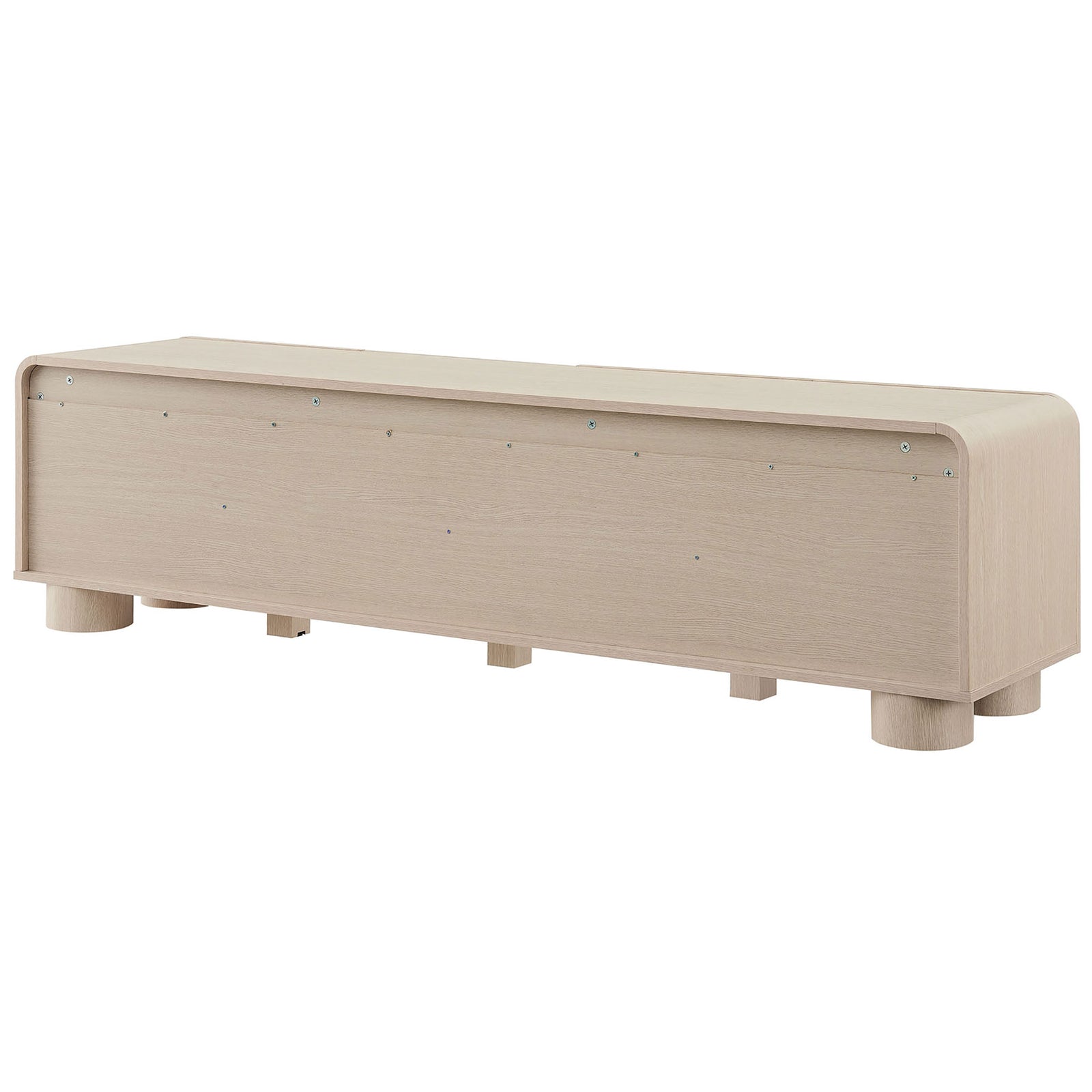 Ash low profile media console with clean finished back panel and evenly spaced cylindrical legs || EEI-7011-ASH || back_angle_studio