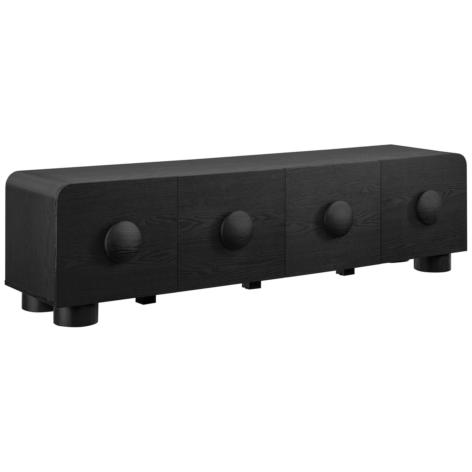 Black wood grain TV stand with rounded corners, bold circular drawer pulls, and chunky cylinder legs || EEI-7011-BLK || front_angle_studio