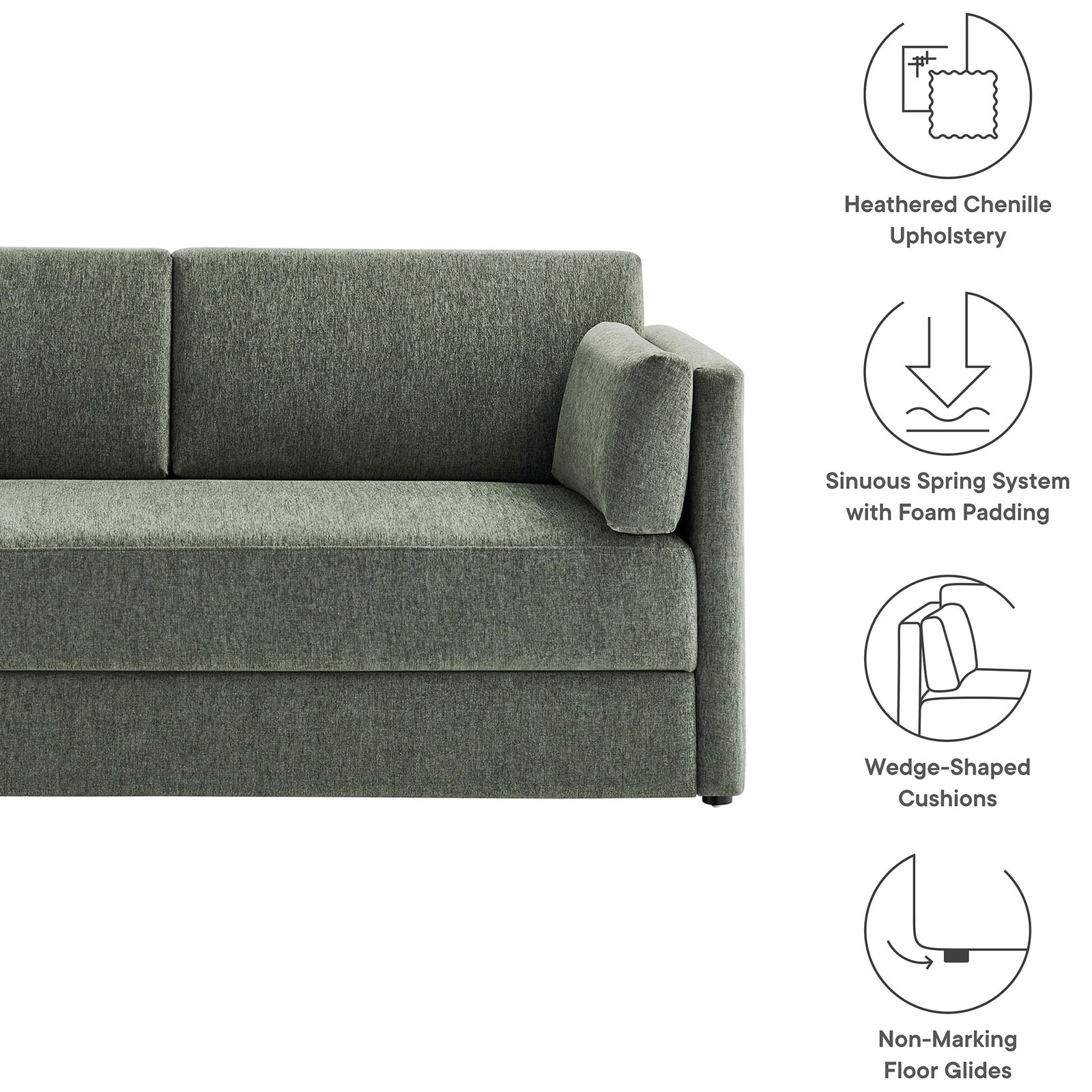 Feature highlights of the Linden eucalyptus sofa including heathered chenille, sinuous springs, and wedge cushions || EEI-7012-EUC || callout_studio