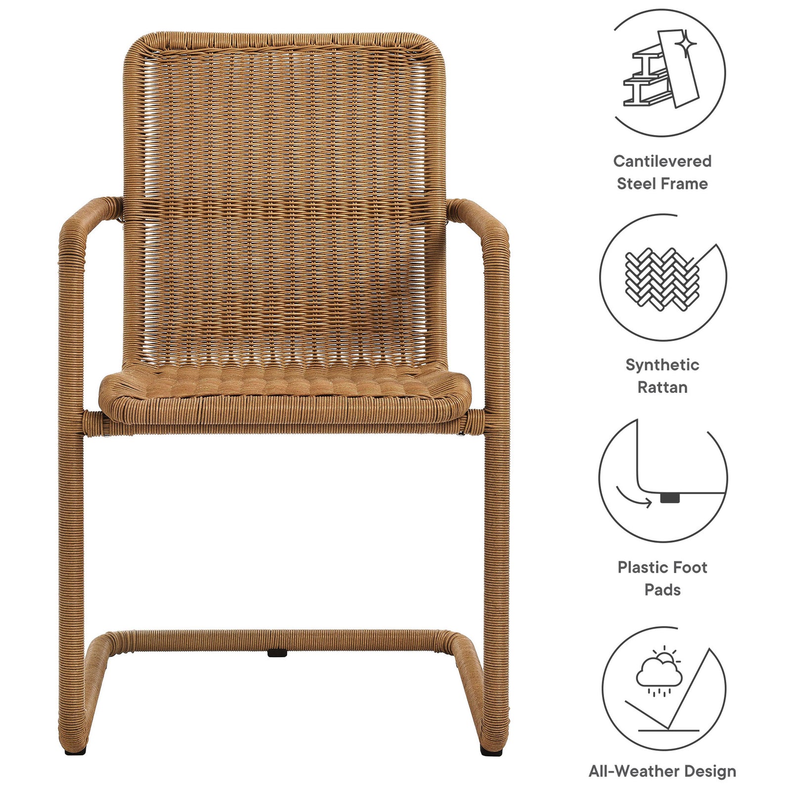 Natural wicker dining chair with callouts for cantilever frame synthetic rattan and plastic foot pads || EEI-7014-NAT || callout_studio