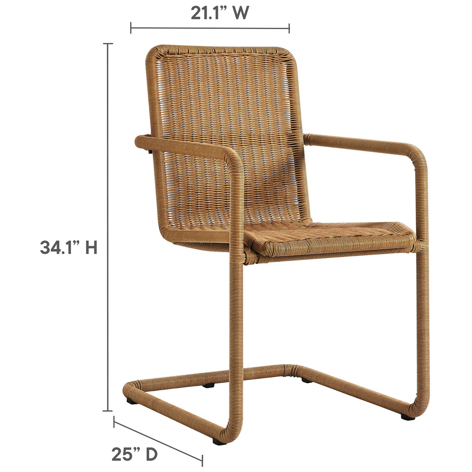 Natural wicker dining armchair with clearly labeled overall height width and depth dimensions || EEI-7014-NAT || dimension_studio