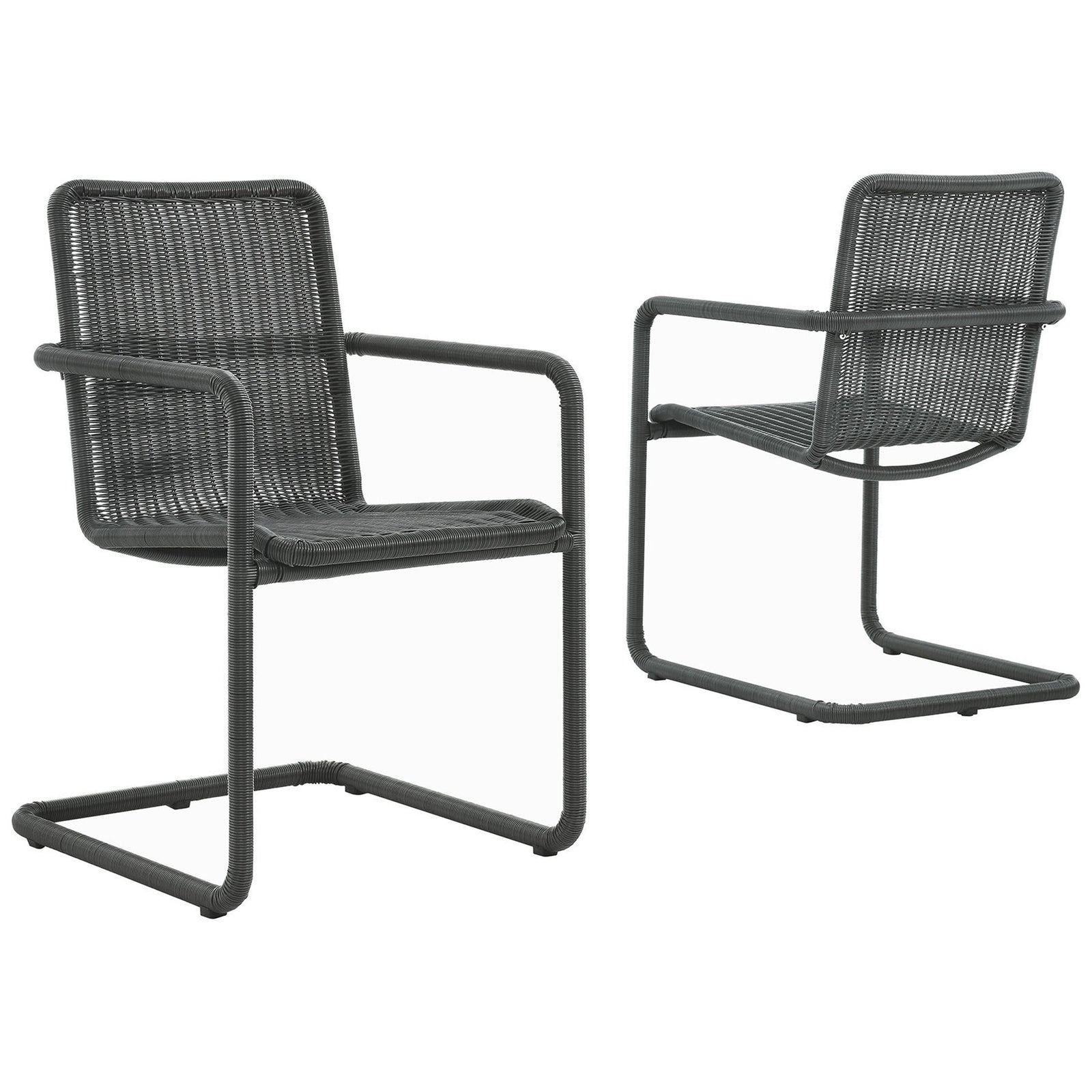 Pair of slate wicker cantilever chairs with airy silhouettes and wrapped armrests || EEI-7014-SLA || front_angle_multi_studio