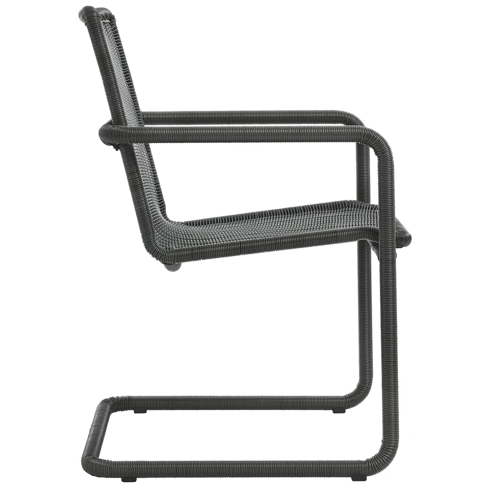 Slate wicker cantilever chair emphasizing the sleek continuous steel frame design || EEI-7014-SLA || side_studio