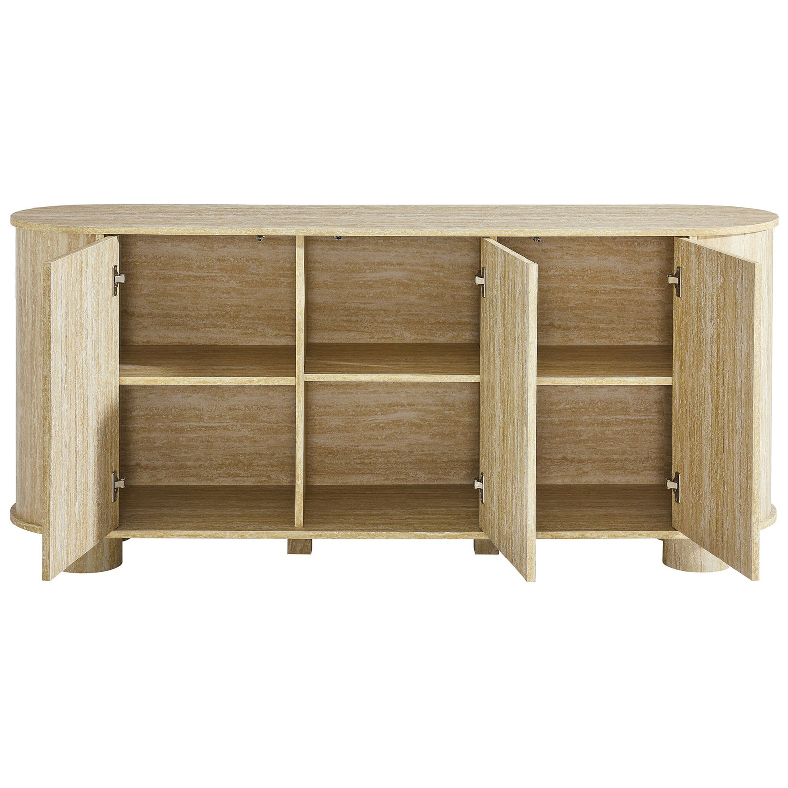 Sideboard doors open to reveal adjustable shelves for organized dining and media storage. || EEI-7015-TRA || front_open_studio