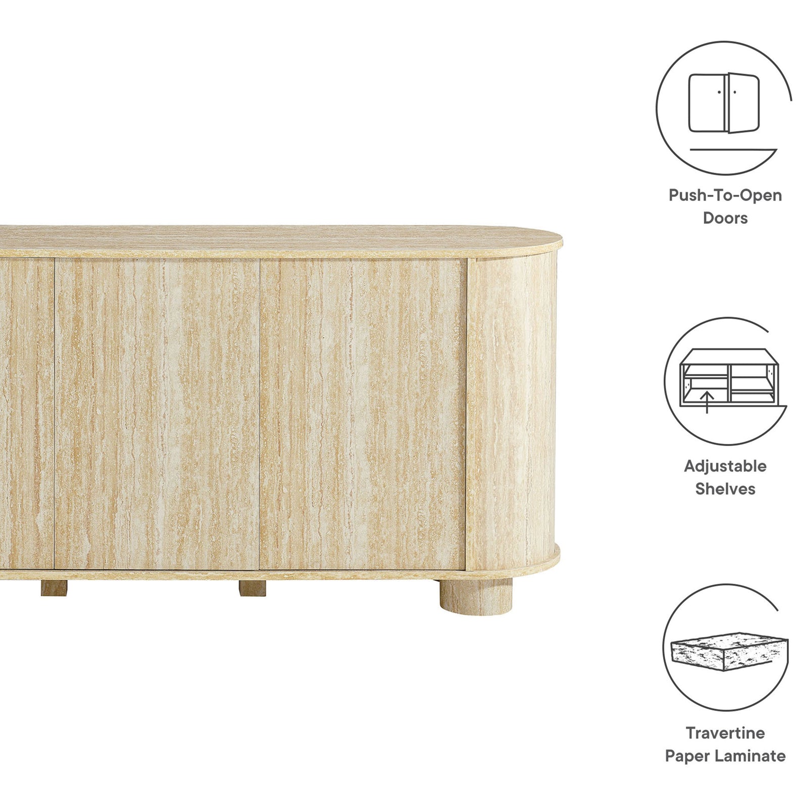 Faux travertine sideboard with icons highlighting push-to-open doors, adjustable shelves, and laminate finish. || EEI-7015-TRA || callout_studio